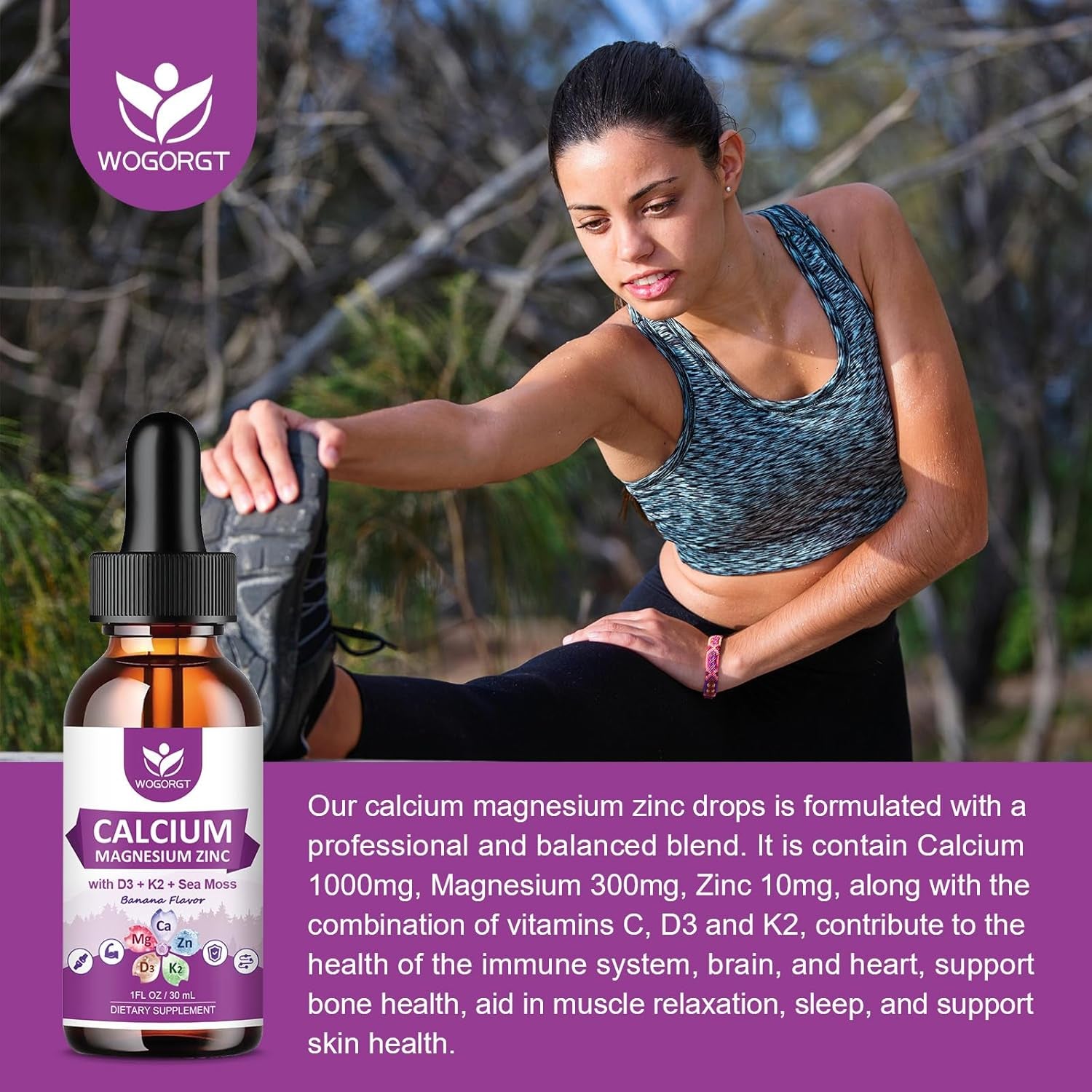 Calcium Magnesium Zinc Liquid Drops with Vitamin D3 K2, Sea Moss Extract, High Absorption Calcium Citrate Liquid Supplement for Bone, Muscles, Immune & Sleep Support, Banana Flavor - 1 Fl Oz (2 Pack)