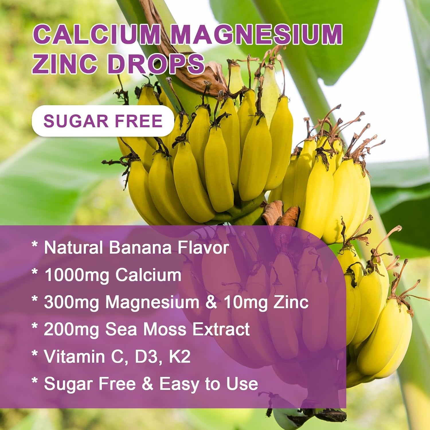 Calcium Magnesium Zinc Liquid Drops with Vitamin D3 K2, Sea Moss Extract, High Absorption Calcium Citrate Liquid Supplement for Bone, Muscles, Immune & Sleep Support, Banana Flavor - 1 Fl Oz (2 Pack)