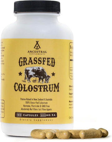 Ancestral Grass Fed Beef Colostrum Supplement, 3000 Mg, Offers Immune Support and Promotes Gut Health, Athletic Performance, Healthy Iron Levels, Growth and Repair, Non GMO, 180 Capsules