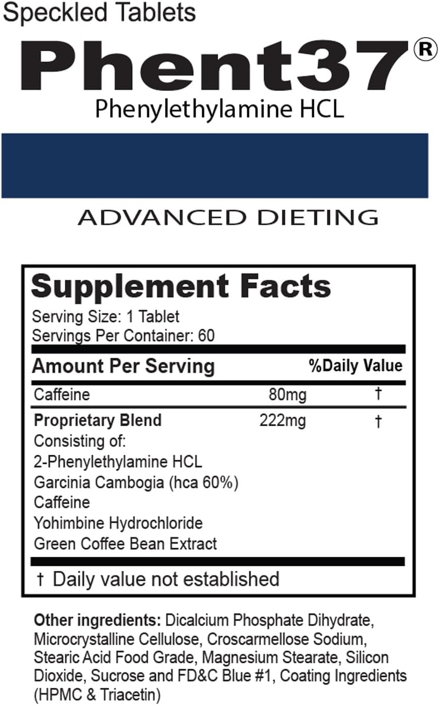 Phent37 60 Tablets Phenylethylamine HCL - Advanced Dieting | Speckled Tablets - Dietary Supplement