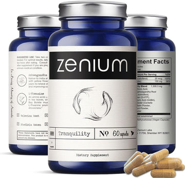 Zenium Relieve Stress, Tension, Worry, Nervousness, & Irritability | Calm the Mind & Body | Ayurvedic | Natural Relief Supplement | Boosts Mood | Ashwagandha, L-Theanine, GABA, Rhodiola |60 Capsules