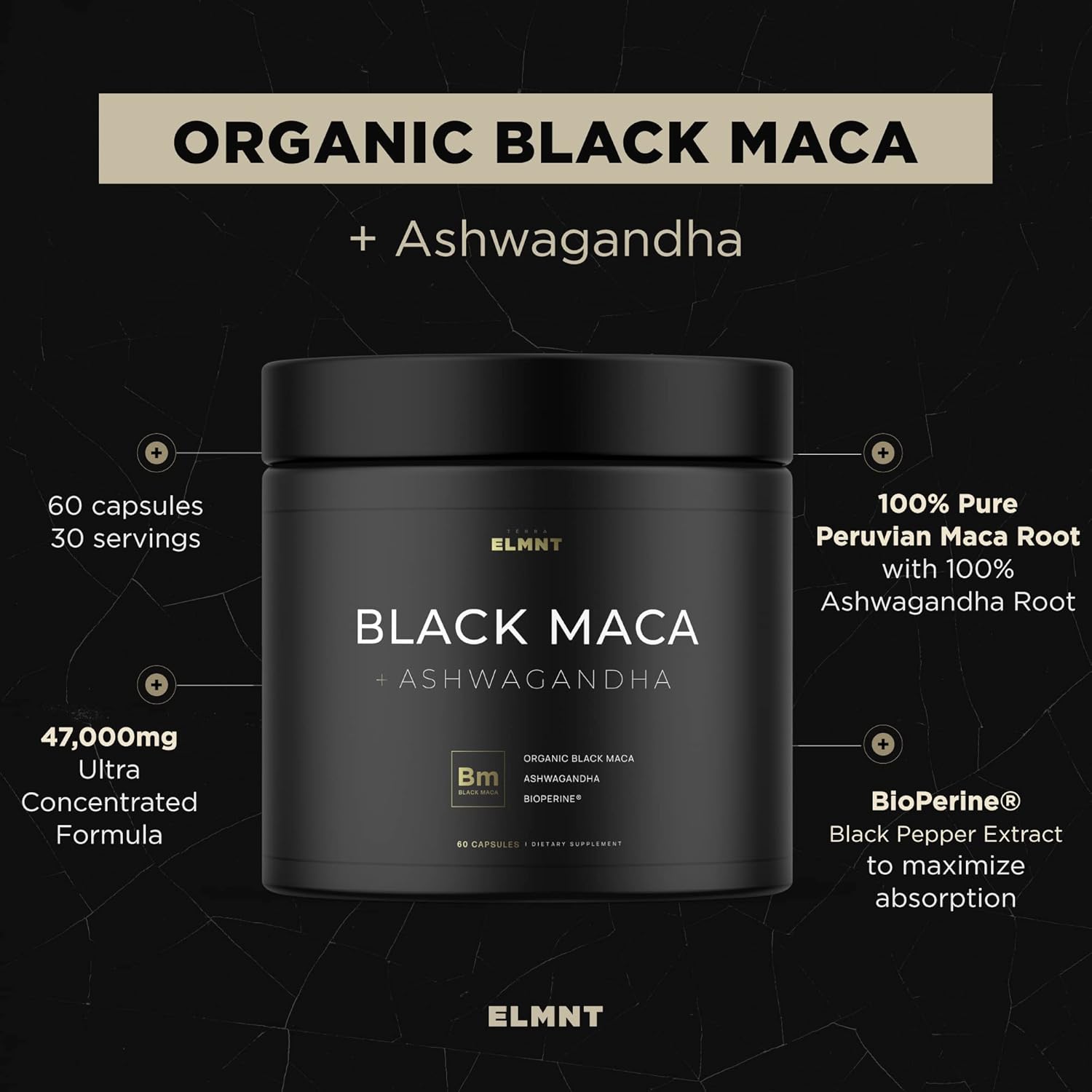 ELMNT  40,000Mg 40X Strength Organic Black Maca Root + Ashwagandha - #1 Highest Potency Black Maca Root Capsules for Men Supplement 100% Pure Maca Peruana 40:1 Extract Maca Powder Pills Male Booster