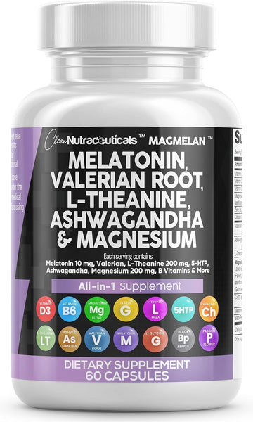 Melatonin 10Mg Valerian Root L Theanine 200Mg Ashwagandha - Sleep Support for Women & Men with Magnesium Complex, Lemon Balm, Chamomile, & Passion Flower - 60 Caps