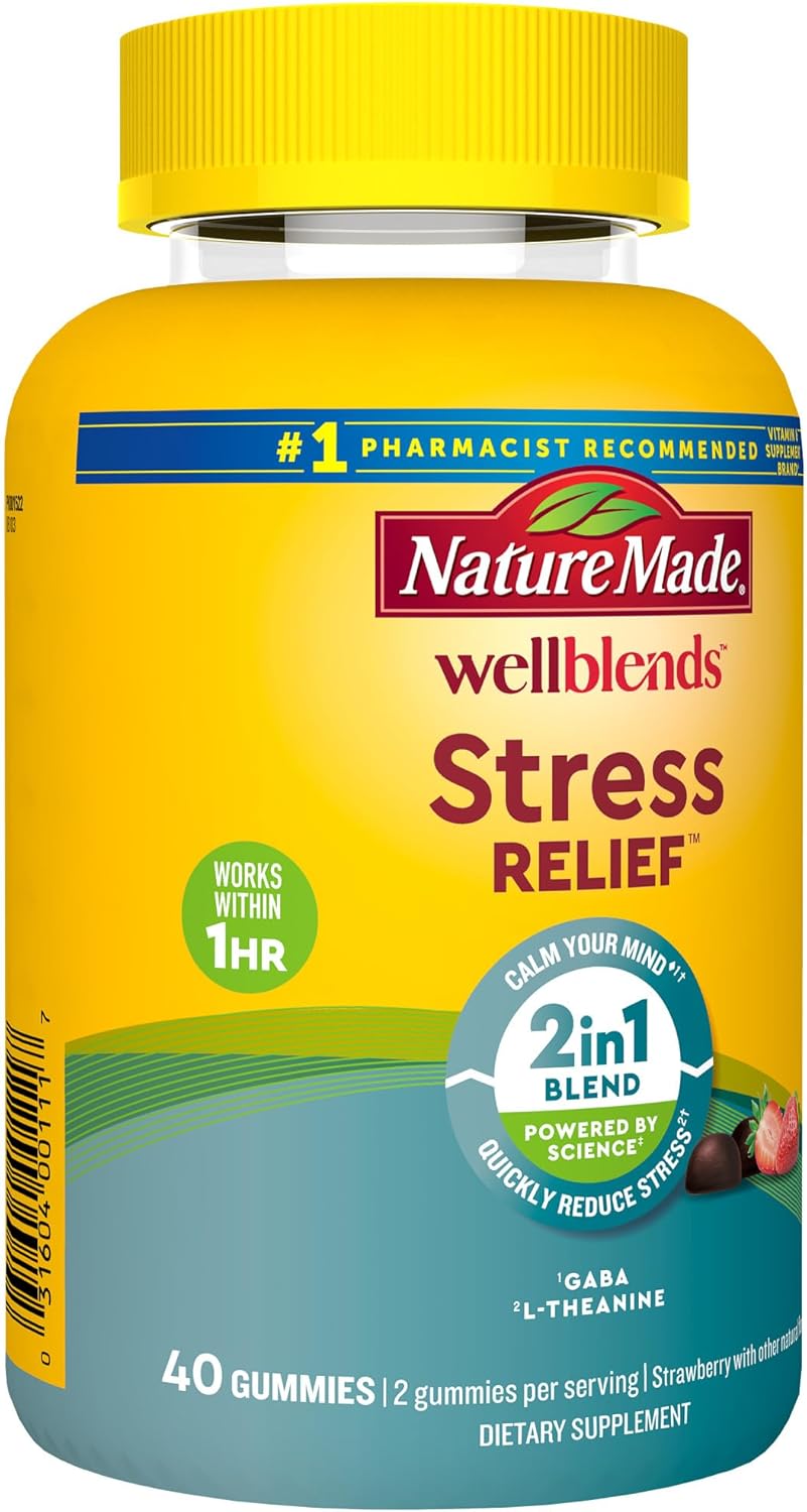 Wellblends Stress Relief Gummies, L Theanine 200Mg to Help Reduce Stress, with GABA 100Mg, Same Day Stress Support, 40 Strawberry Flavor Gummies
