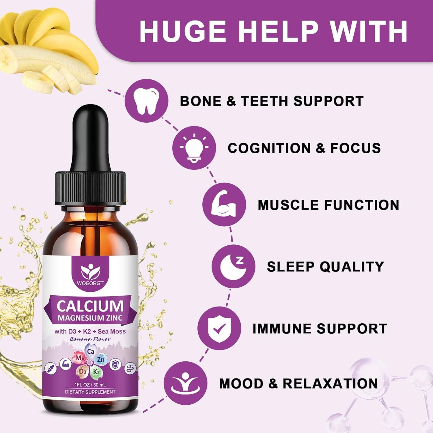 Calcium Magnesium Zinc Liquid Drops with Vitamin D3 K2, Sea Moss Extract, High Absorption Calcium Citrate Liquid Supplement for Bone, Muscles, Immune & Sleep Support, Banana Flavor - 1 Fl Oz (2 Pack)