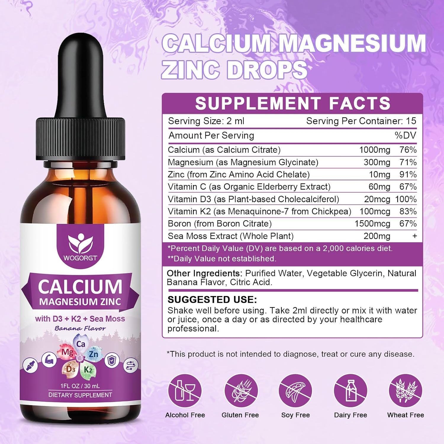 Calcium Magnesium Zinc Liquid Drops with Vitamin D3 K2, Sea Moss Extract, High Absorption Calcium Citrate Liquid Supplement for Bone, Muscles, Immune & Sleep Support, Banana Flavor - 1 Fl Oz (2 Pack)