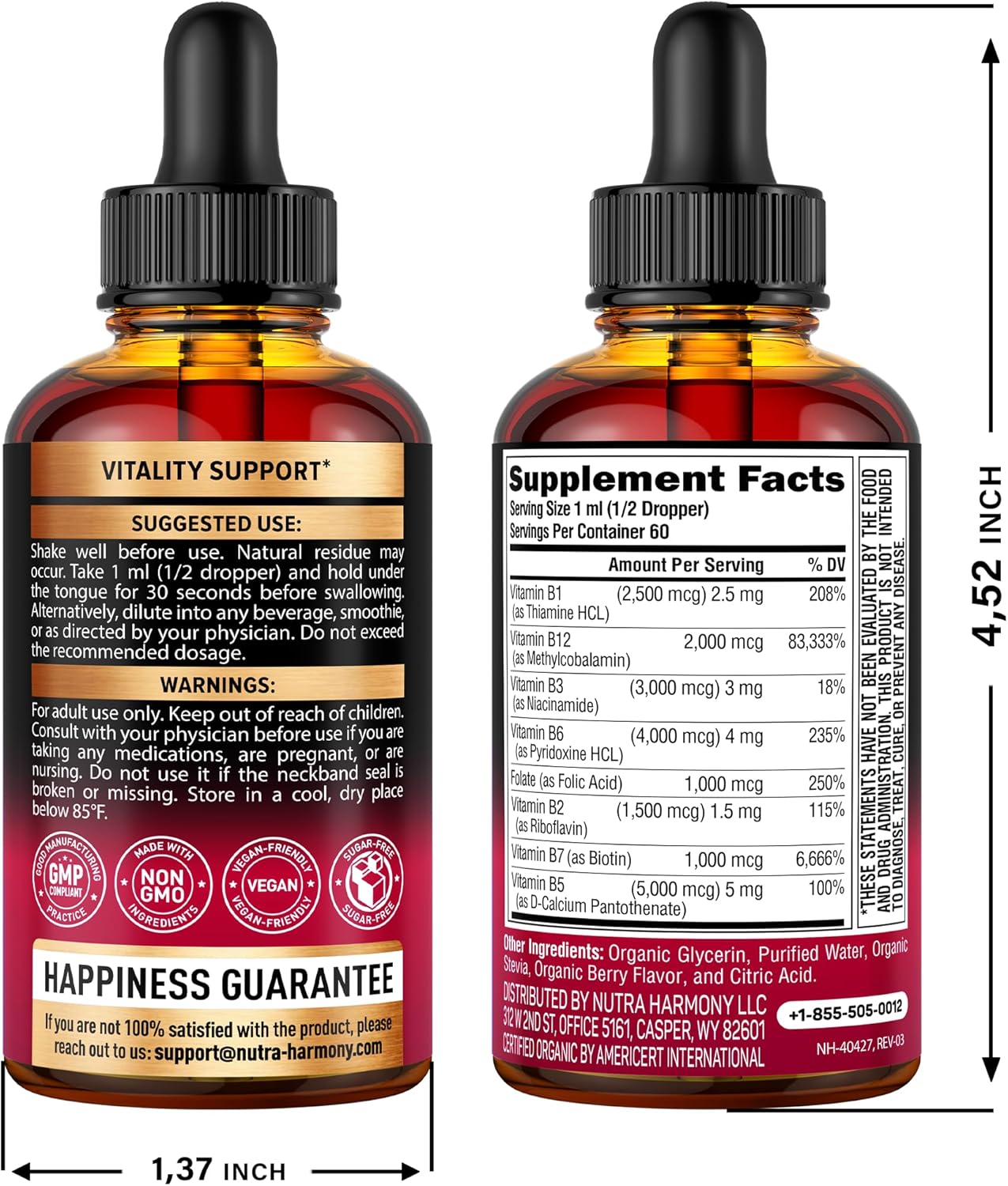 NUTRAHARMONY  USDA Organic Vitamin B-Complex B5 Pantothenic Acid | B12 Methylcobalamin | B1 Thiamine | B6 Pyridoxine | B7 Biotin | B9 Folic | B3 Niacinamide - B Complex Liquid Drops, Made in USA Supplement, 2Fl Oz