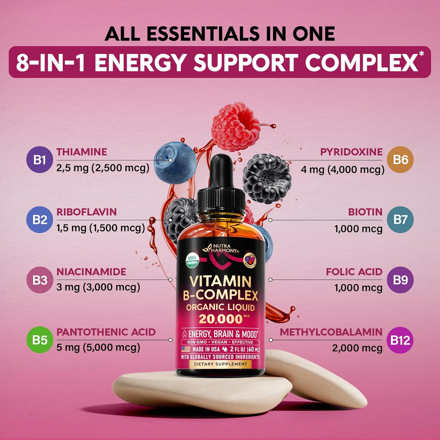 NUTRAHARMONY  USDA Organic Vitamin B-Complex B5 Pantothenic Acid | B12 Methylcobalamin | B1 Thiamine | B6 Pyridoxine | B7 Biotin | B9 Folic | B3 Niacinamide - B Complex Liquid Drops, Made in USA Supplement, 2Fl Oz