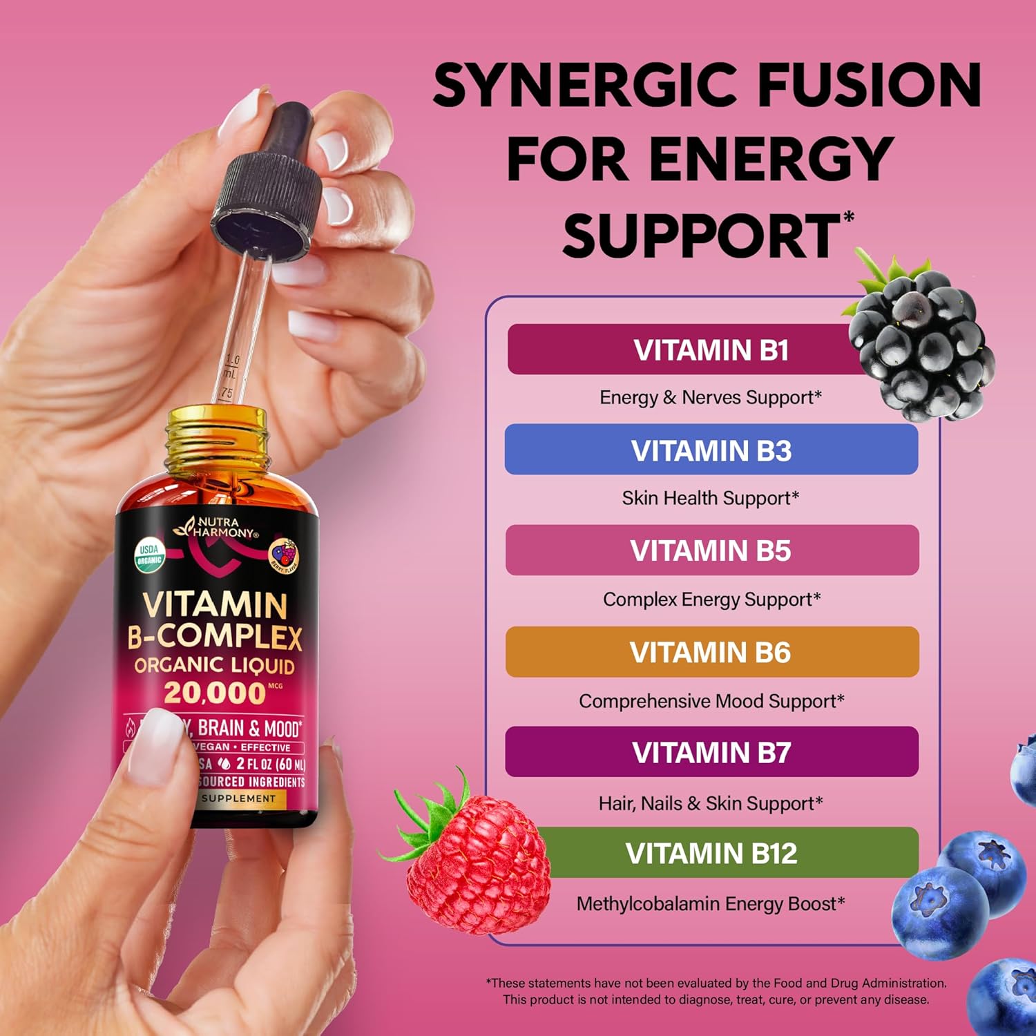 NUTRAHARMONY  USDA Organic Vitamin B-Complex B5 Pantothenic Acid | B12 Methylcobalamin | B1 Thiamine | B6 Pyridoxine | B7 Biotin | B9 Folic | B3 Niacinamide - B Complex Liquid Drops, Made in USA Supplement, 2Fl Oz