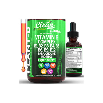Clean Nutraceuticals Vitamin B Complex Liquid Drops | Thiamine B1, B6, B2, B3, B4, B5, B7 B9, B12, Niacinamide, Paba, Choline Inositol Taurine Probiotics Beet Root Spirulina - Plant-B Vitamin Supplements by Clean Nutra