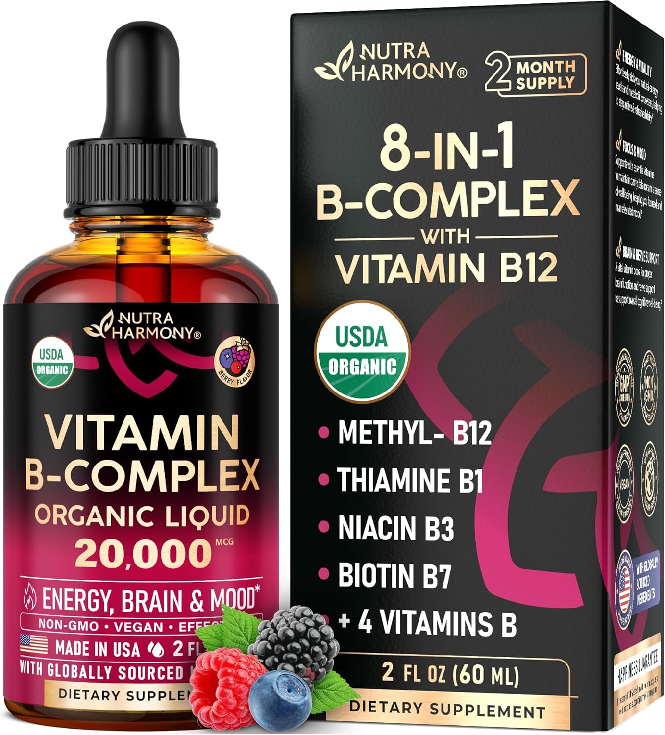 NUTRAHARMONY  USDA Organic Vitamin B-Complex B5 Pantothenic Acid | B12 Methylcobalamin | B1 Thiamine | B6 Pyridoxine | B7 Biotin | B9 Folic | B3 Niacinamide - B Complex Liquid Drops, Made in USA Supplement, 2Fl Oz