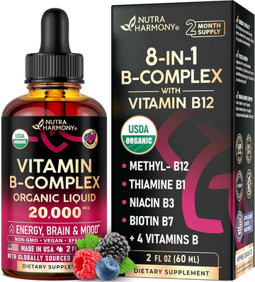 NUTRAHARMONY  USDA Organic Vitamin B-Complex B5 Pantothenic Acid | B12 Methylcobalamin | B1 Thiamine | B6 Pyridoxine | B7 Biotin | B9 Folic | B3 Niacinamide - B Complex Liquid Drops, Made in USA Supplement, 2Fl Oz