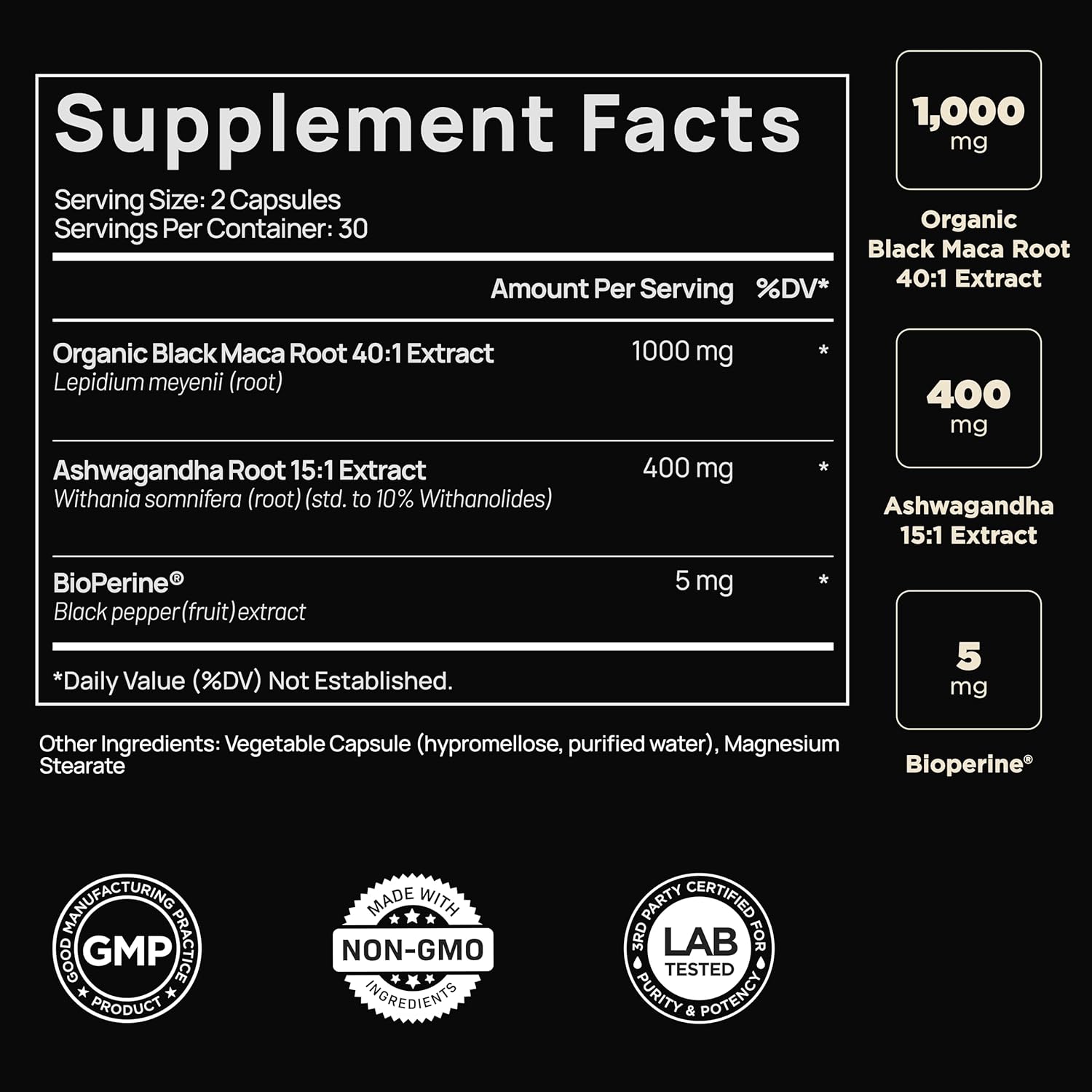 ELMNT  40,000Mg 40X Strength Organic Black Maca Root + Ashwagandha - #1 Highest Potency Black Maca Root Capsules for Men Supplement 100% Pure Maca Peruana 40:1 Extract Maca Powder Pills Male Booster
