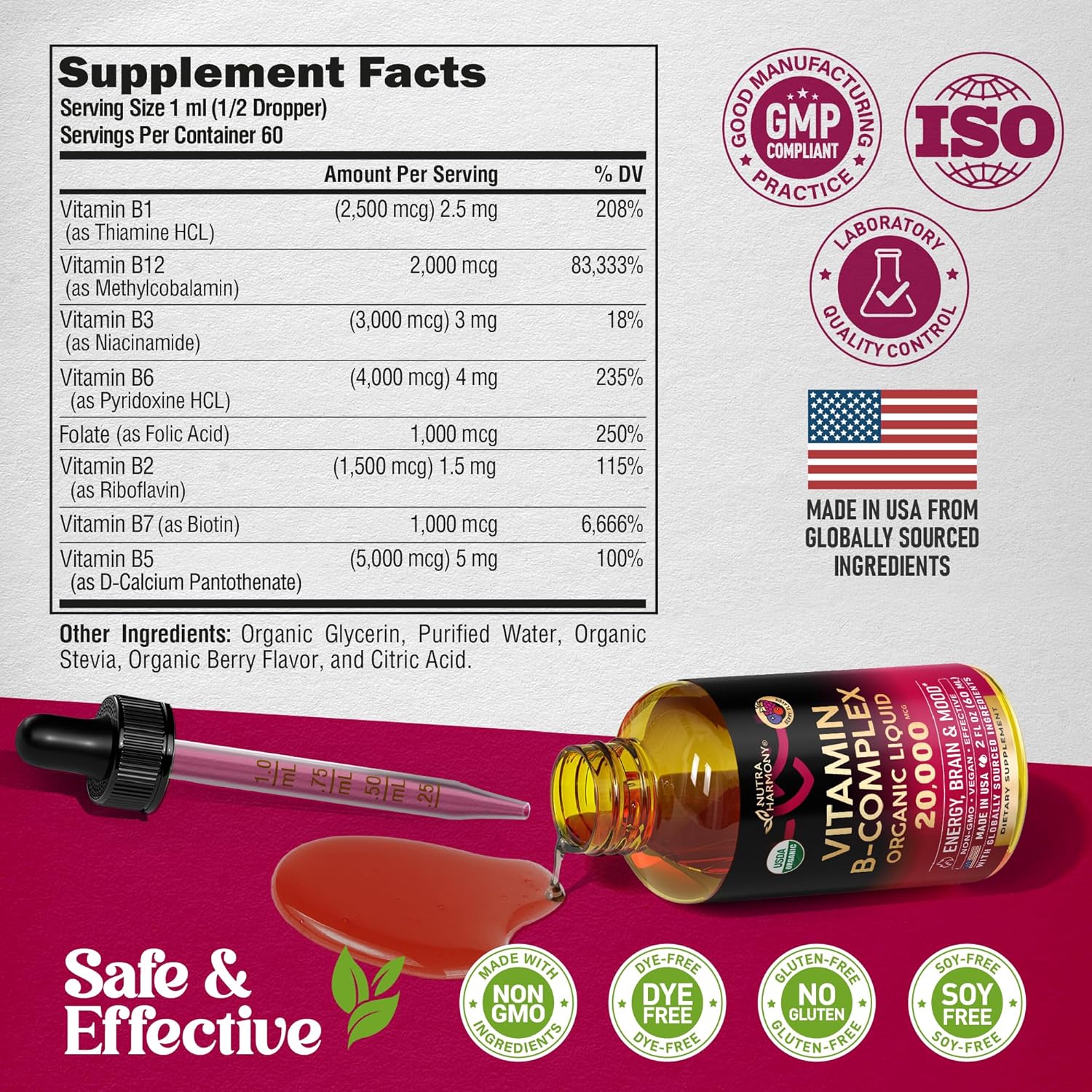 NUTRAHARMONY  USDA Organic Vitamin B-Complex B5 Pantothenic Acid | B12 Methylcobalamin | B1 Thiamine | B6 Pyridoxine | B7 Biotin | B9 Folic | B3 Niacinamide - B Complex Liquid Drops, Made in USA Supplement, 2Fl Oz
