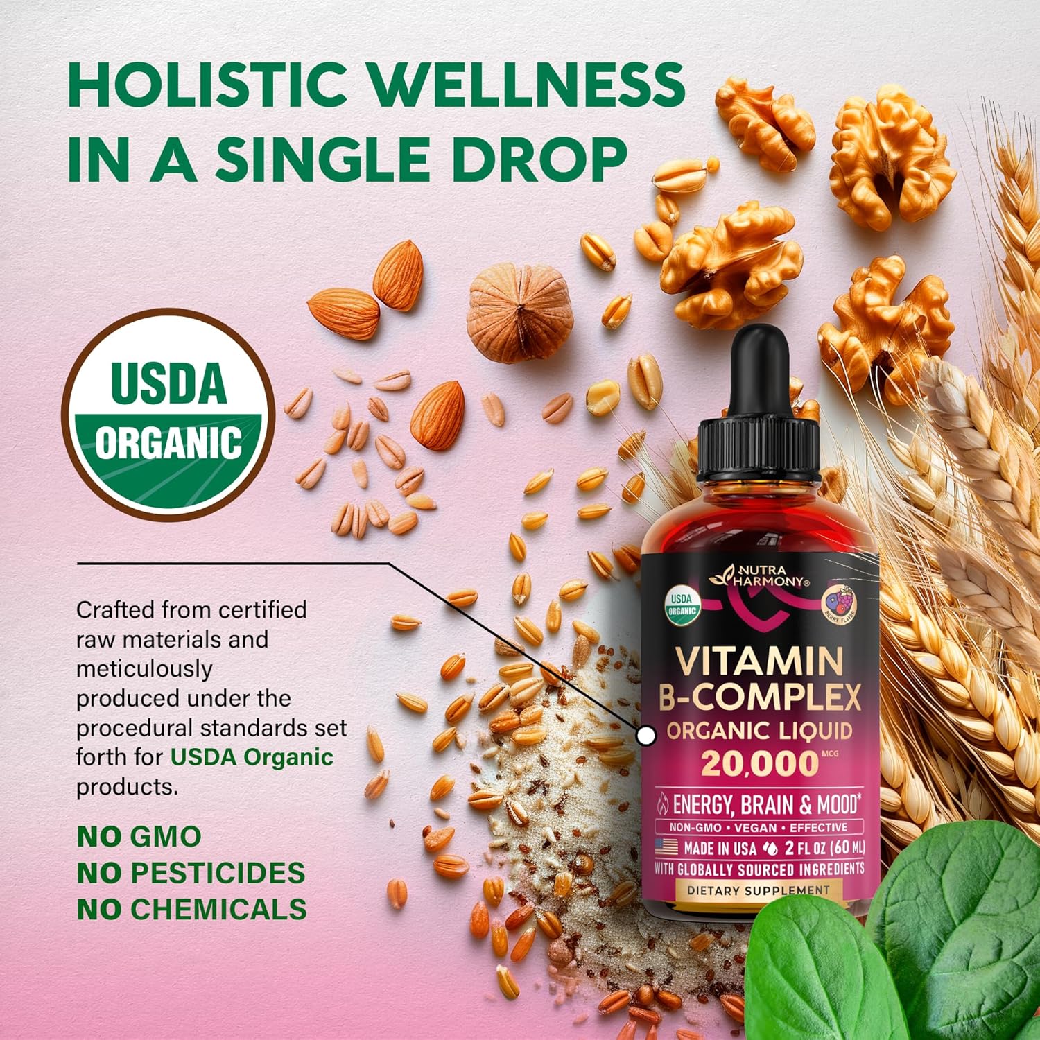 NUTRAHARMONY  USDA Organic Vitamin B-Complex B5 Pantothenic Acid | B12 Methylcobalamin | B1 Thiamine | B6 Pyridoxine | B7 Biotin | B9 Folic | B3 Niacinamide - B Complex Liquid Drops, Made in USA Supplement, 2Fl Oz