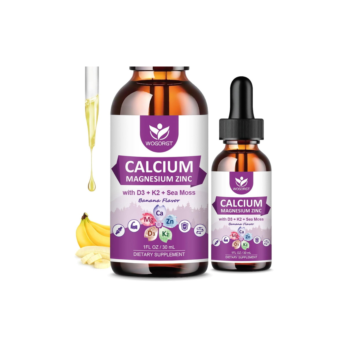 Calcium Magnesium Zinc Liquid Drops with Vitamin D3 K2, Sea Moss Extract, High Absorption Calcium Citrate Liquid Supplement for Bone, Muscles, Immune & Sleep Support, Banana Flavor - 1 Fl Oz (2 Pack)