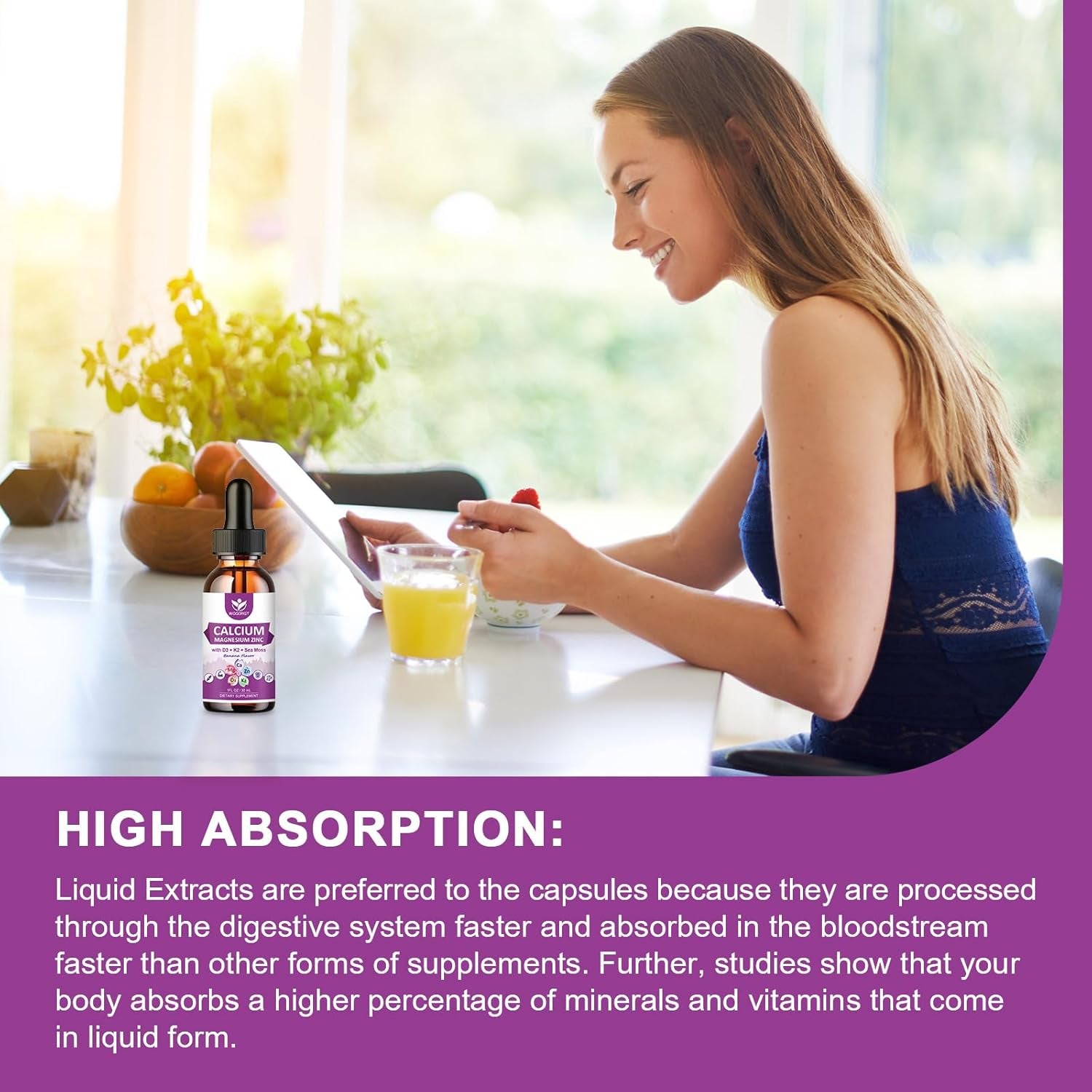 Calcium Magnesium Zinc Liquid Drops with Vitamin D3 K2, Sea Moss Extract, High Absorption Calcium Citrate Liquid Supplement for Bone, Muscles, Immune & Sleep Support, Banana Flavor - 1 Fl Oz (2 Pack)