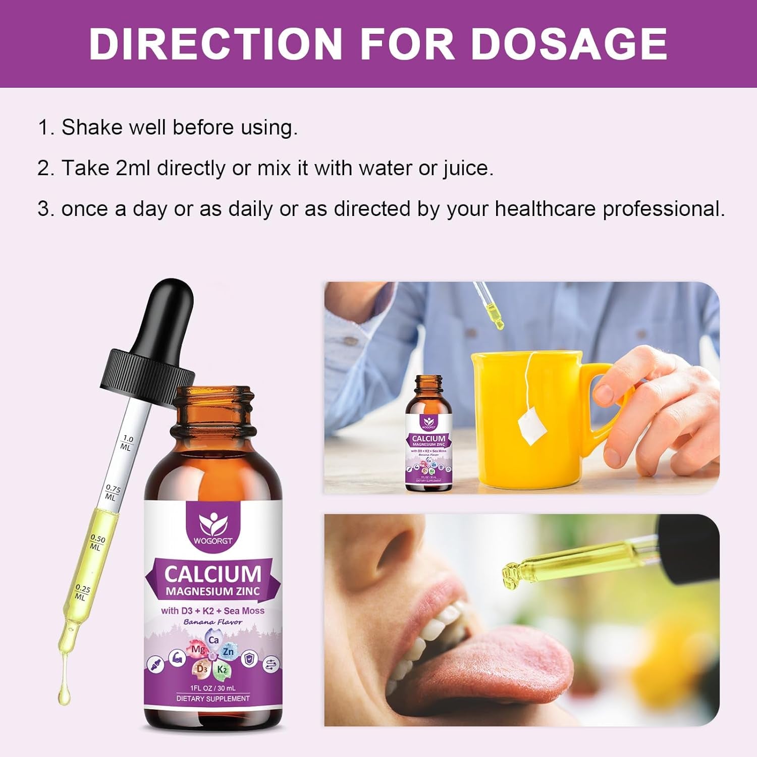Calcium Magnesium Zinc Liquid Drops with Vitamin D3 K2, Sea Moss Extract, High Absorption Calcium Citrate Liquid Supplement for Bone, Muscles, Immune & Sleep Support, Banana Flavor - 1 Fl Oz (2 Pack)