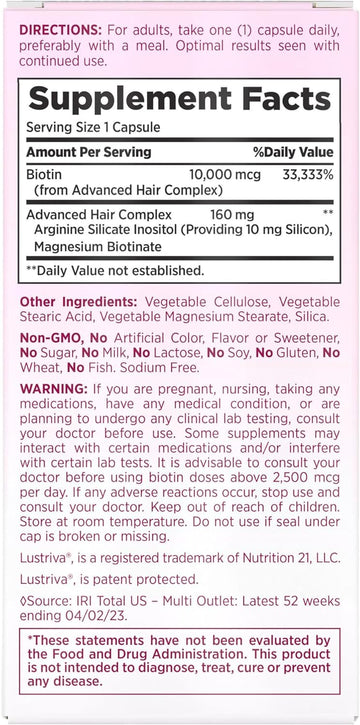 Nature's Bounty Optimal Solutions Hair Growth Supplement with Biotin, Hair Growth Vitamins with Biotin Silicon & Arginine, 1 per Day, 30 Capsules, One Month Supply
