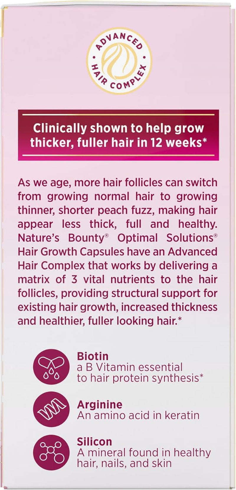 Nature's Bounty Optimal Solutions Hair Growth Supplement with Biotin, Hair Growth Vitamins with Biotin Silicon & Arginine, 1 per Day, 30 Capsules, One Month Supply