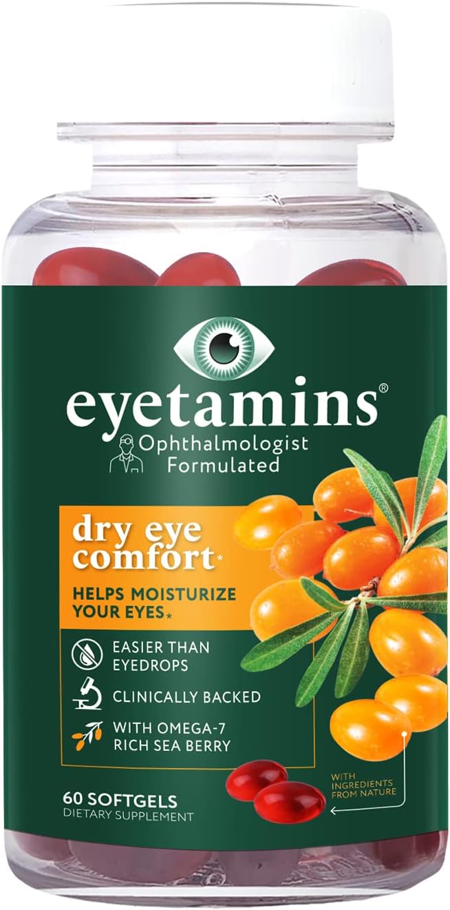 Eyetamins  Dry Eye Comfort - 60 Softgels - Ophthalmologist - Formulated, Natural - Himalayan Sea Buckthorn Oil - Vegan and Non-Gmo Formula