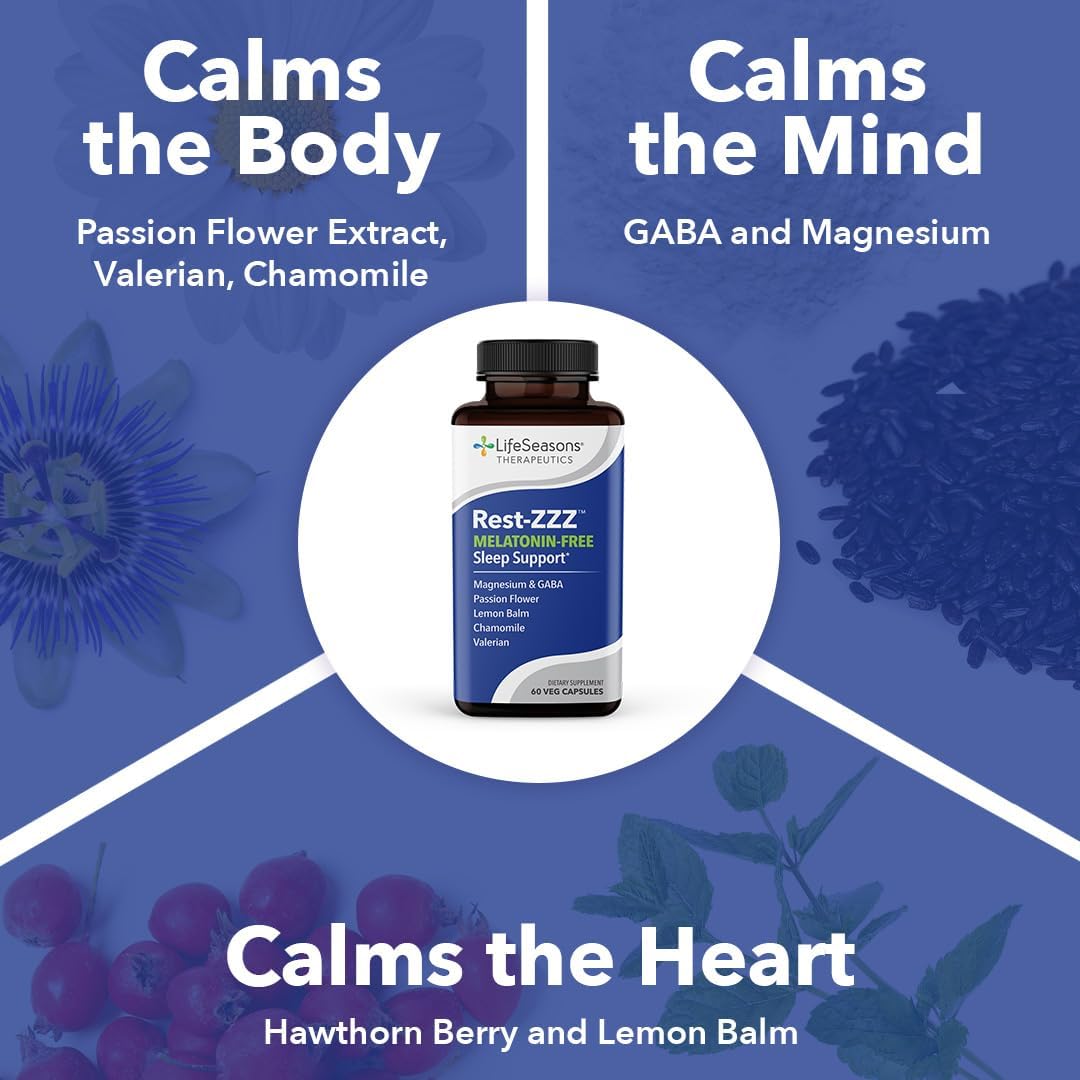 Rest-Zzz Melatonin Free - Sleep Support Supplement - Calms Nervous System - Eases Restlessness & Nerve-Related Sleeplessness - Magnesium GABA & Chamomile - 60 Capsules
