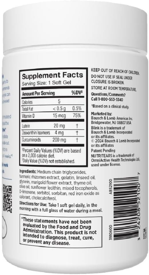 Nutritears Clinically Proven Supplement for Dry Eyes, Eye Care with Lutein & Zeaxanthin and Vitamin D to Hydrate Eyes from within for Long-Lasting Relief, 50 Softgels