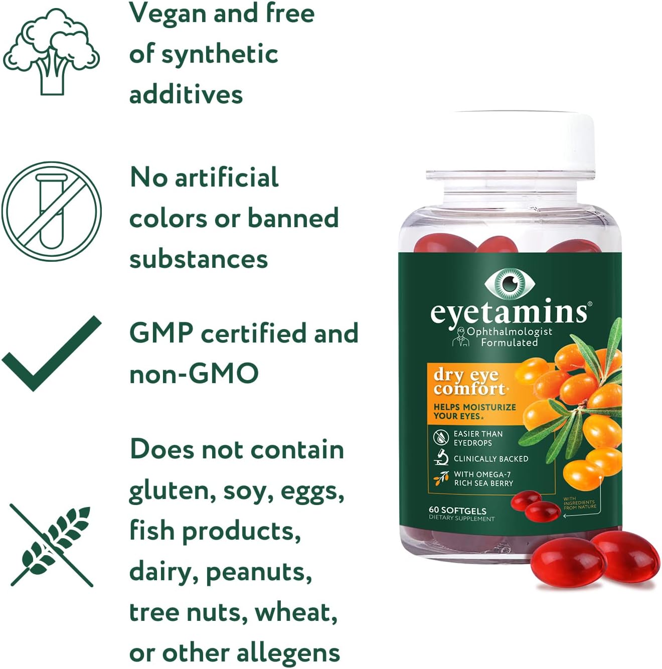 Eyetamins  Dry Eye Comfort - 60 Softgels - Ophthalmologist - Formulated, Natural - Himalayan Sea Buckthorn Oil - Vegan and Non-Gmo Formula