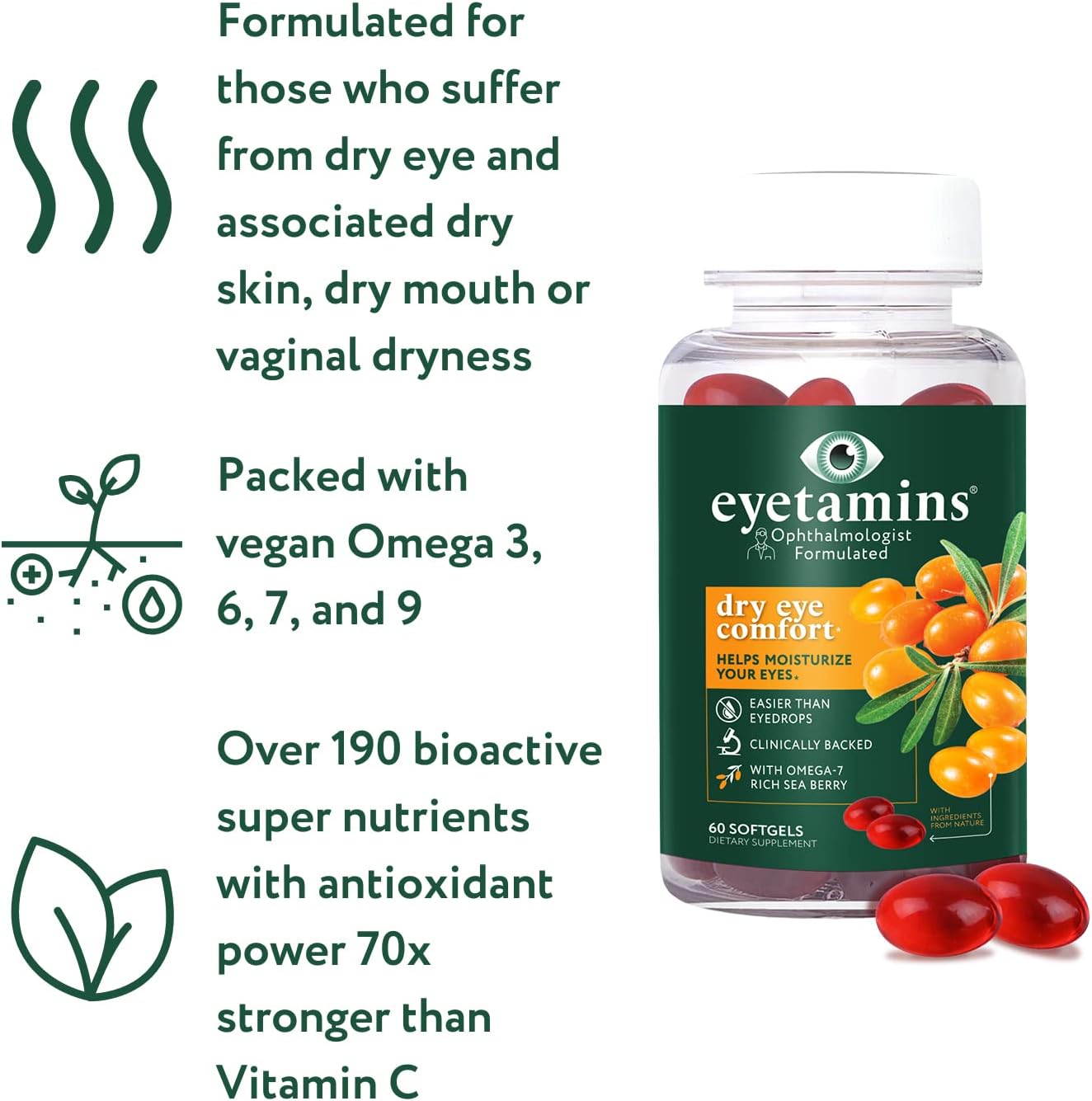 Eyetamins  Dry Eye Comfort - 60 Softgels - Ophthalmologist - Formulated, Natural - Himalayan Sea Buckthorn Oil - Vegan and Non-Gmo Formula