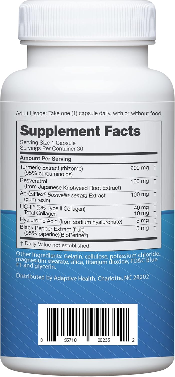 Advanced Joint Support Supplement - Turmeric, Resveratrol, Boswellia Serrata Extract, Bioperine, UC-II Collagen- 30 Count