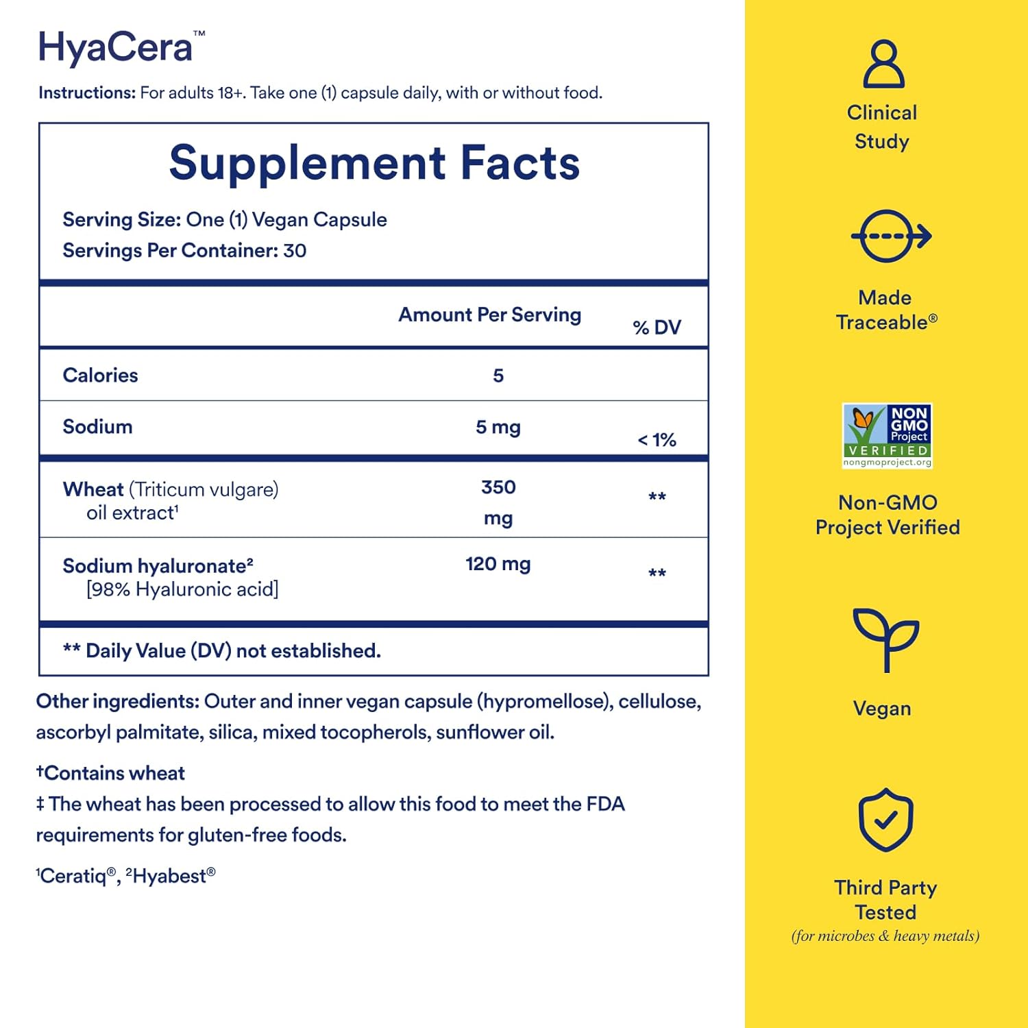 Ritual  Hyacera Skin Supplement for Wrinkle Support, with Hyabest® and Ceratiq® for Skin Hydration Support, Hyaluronic Acid, Glycolipids, Ceramides, Gluten Free, Non GMO, Vanilla Essence, 30 Day Supply