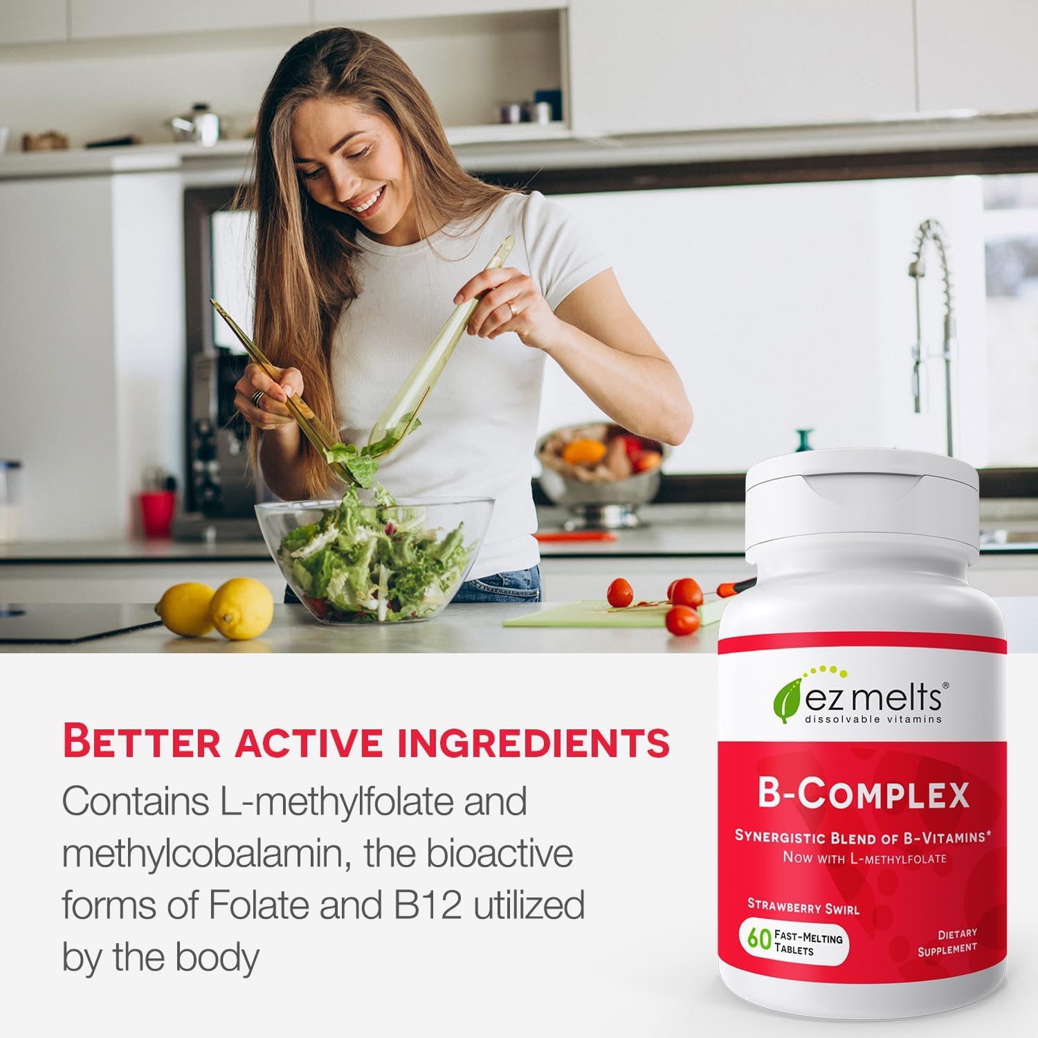 Dissolvable Vitamin B-Complex with Methyl B12 and Methyl Folate, Sugar-Free, 2-Month Supply