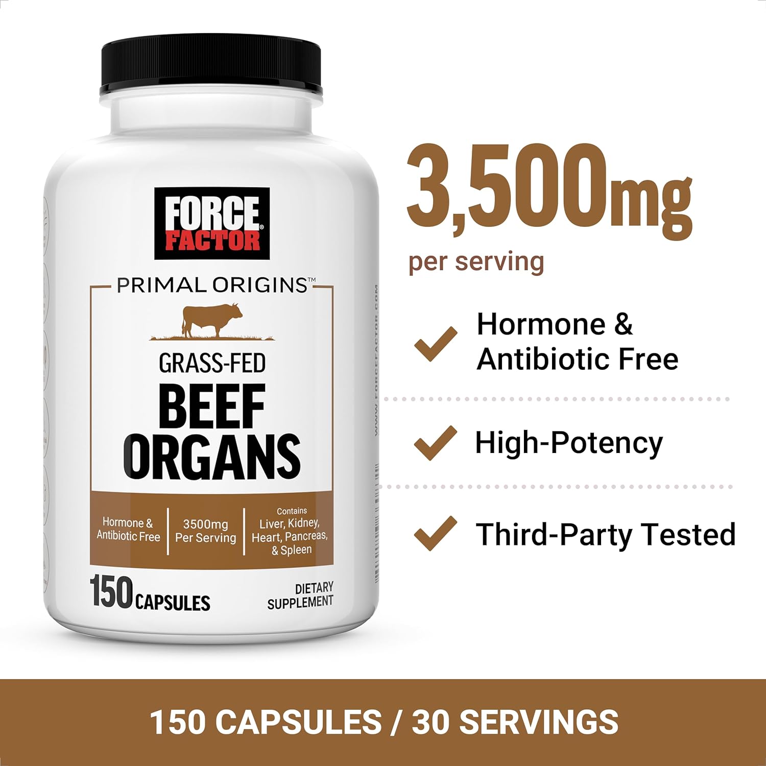Primal Origins Beef Organ Supplement Made with Pasture-Raised, Grass Fed & Including Beef Liver, Kidney, Heart, Pancreas, & Spleen, Hormone Free, Non-Gmo, 150 Capsules