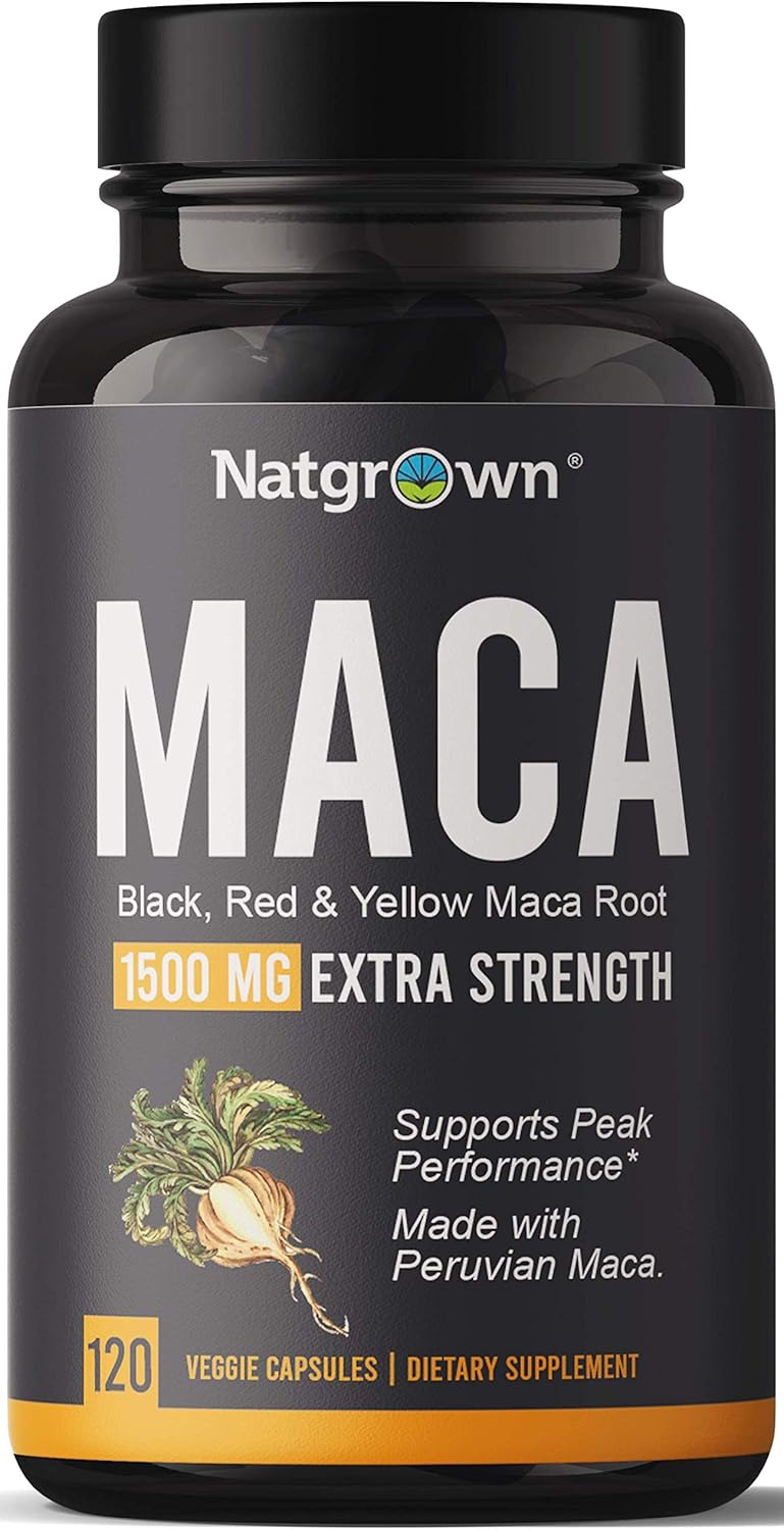 Natgrown  Organic Maca Root Powder Capsules 1500 Mg with Black + Red + Yellow Peruvian Maca Root Extract Supplement for Men and Women - Vegan Pills