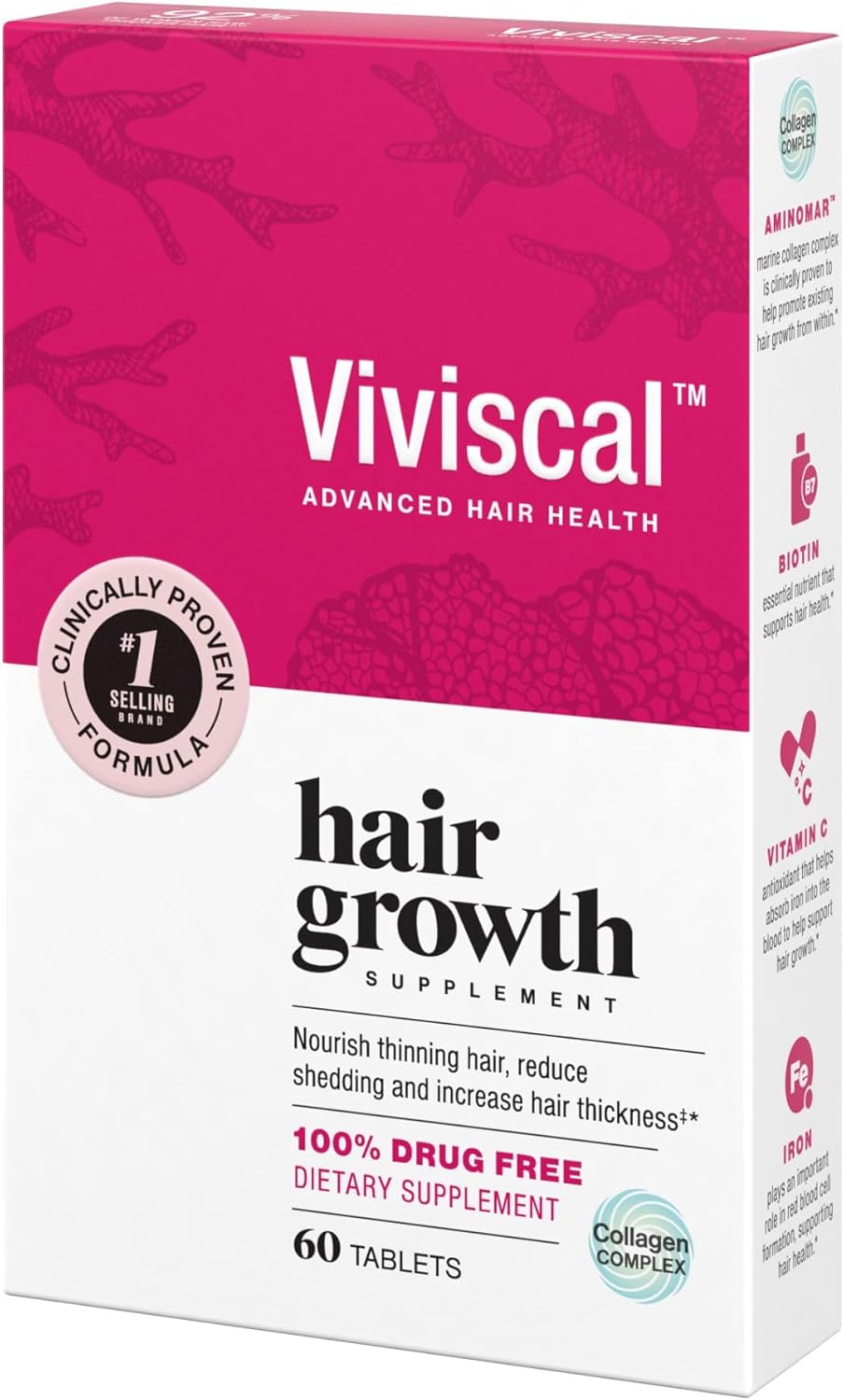 Viviscal  Hair Growth Supplements for Women for Thicker, Fuller Hair, Nourishes Thinning & Loss, with Proprietary Collagen Complex, 60 Tablets, 1 Month Supply