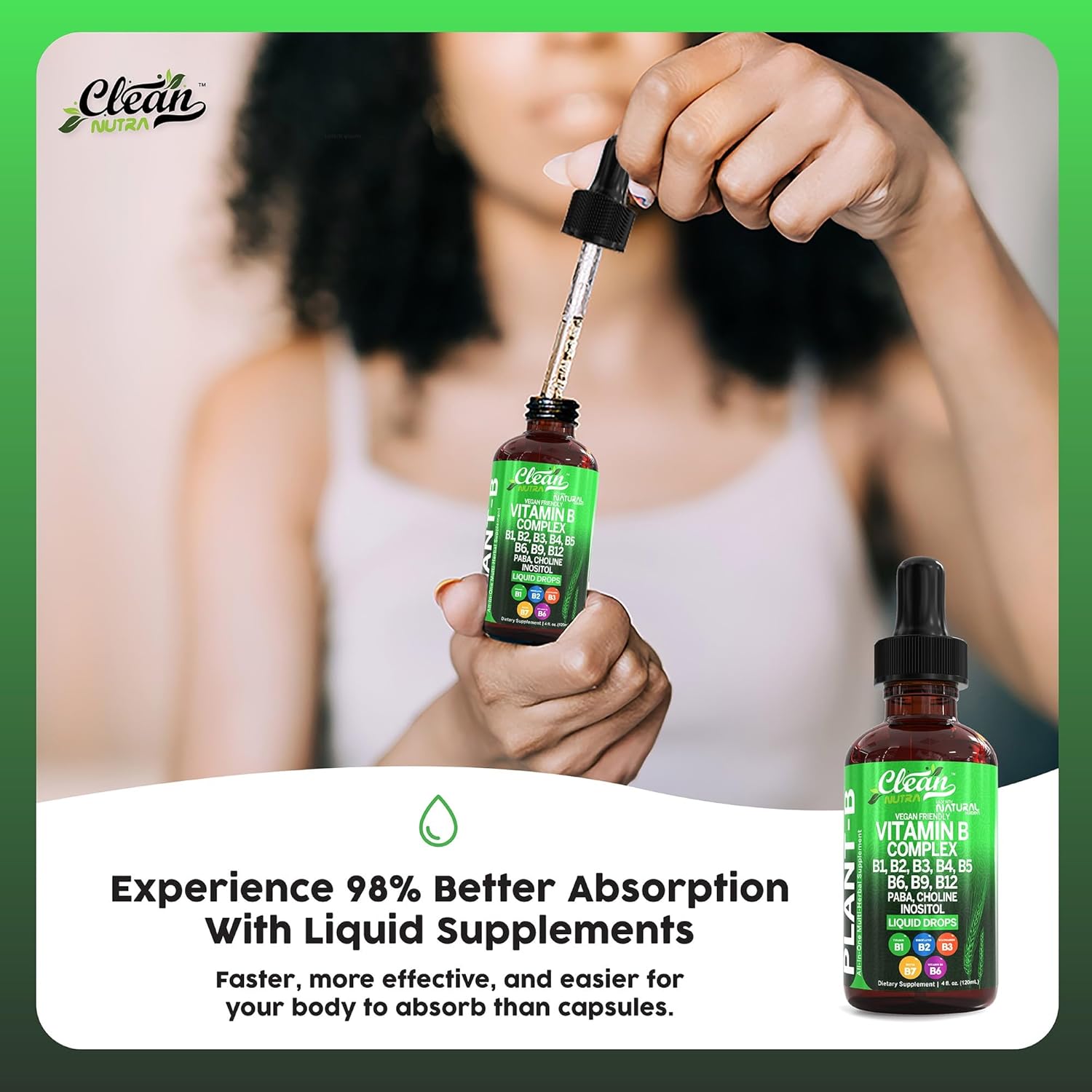 Clean Nutraceuticals  Vitamin B Complex Liquid Drops | Thiamine B1, B6, B2, B3, B4, B5, B7 B9, B12, Niacinamide, Paba, Choline Inositol Taurine Probiotics Beet Root Spirulina - Plant-B Vitamin Supplements by Clean Nutra