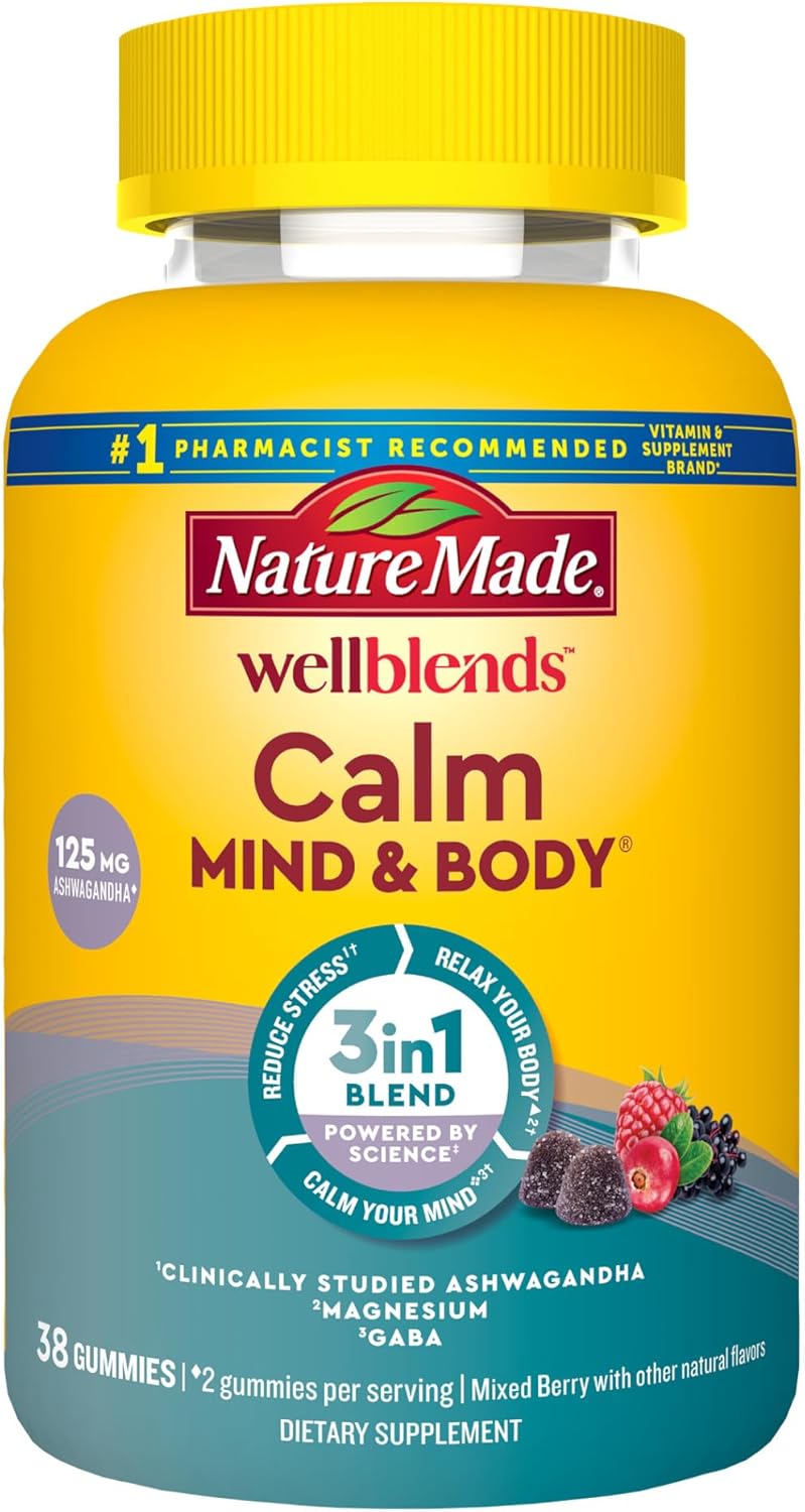 Wellblends Calm Mind & Body, Magnesium Citrate, Ashwagandha 125Mg & GABA 100Mg Blend for Stress Relief, 38 Gummy Vitamins