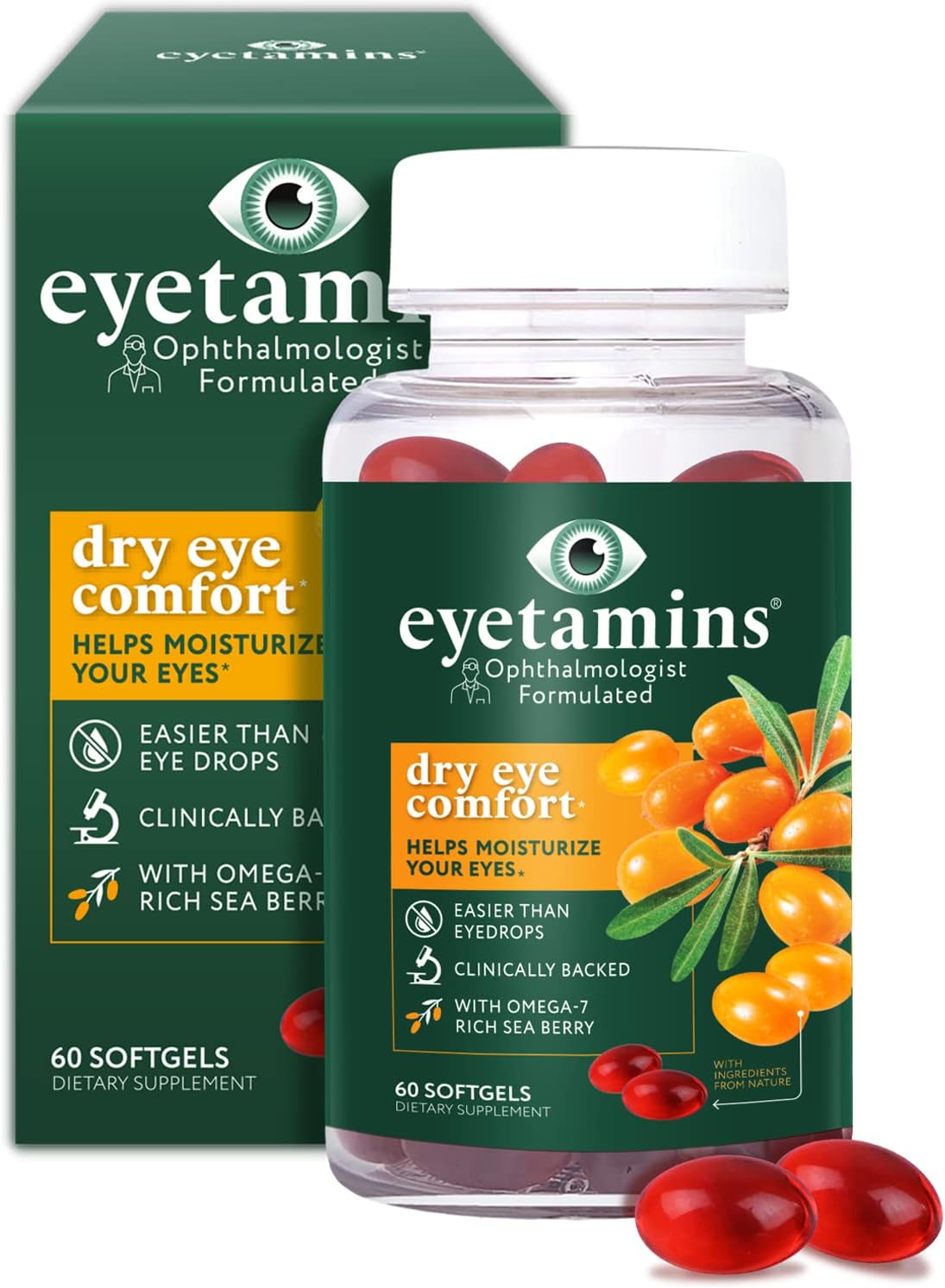 Eyetamins  Dry Eye Comfort - 60 Softgels - Ophthalmologist - Formulated, Natural - Himalayan Sea Buckthorn Oil - Vegan and Non-Gmo Formula