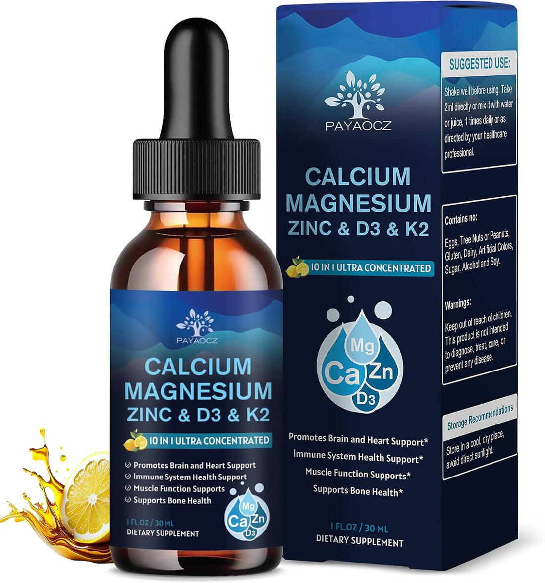  PAYAOCZ  Magnesium Calcium Zinc Supplement with Vitamin D3 K2 for Women, Magnesium Glycinate Vegan Liquid Drops for Adult plus L-Theanine Boron Sea Moss Extract, Bone, Sleep & Leg Cramps, 1 Fl Oz