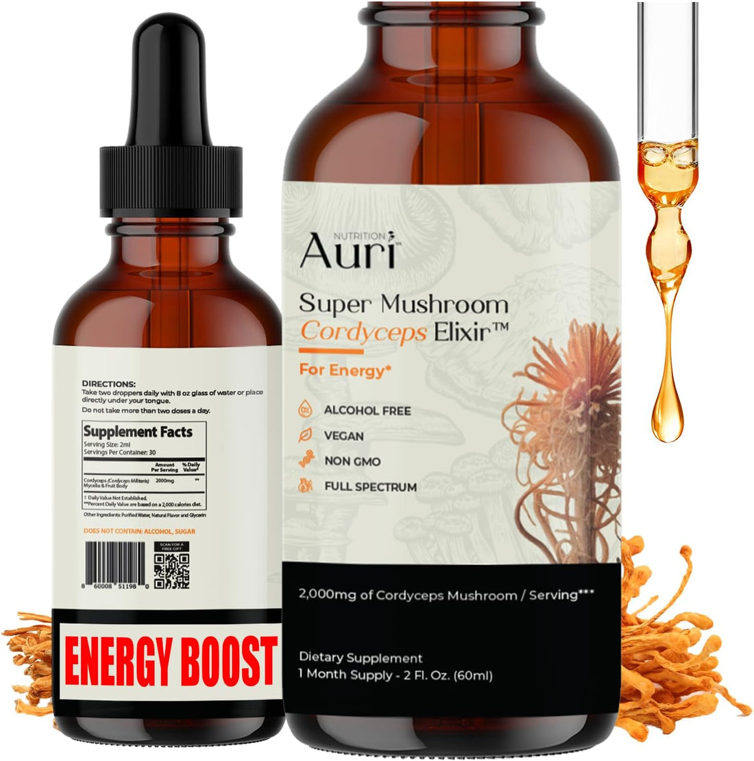 Auri  Super Mushroom Cordyceps Elixir for Stamina, Natural Energy, Youthfulness and Longevity with Full Spectrum Support - Cordyceps Tincture 60 Ml