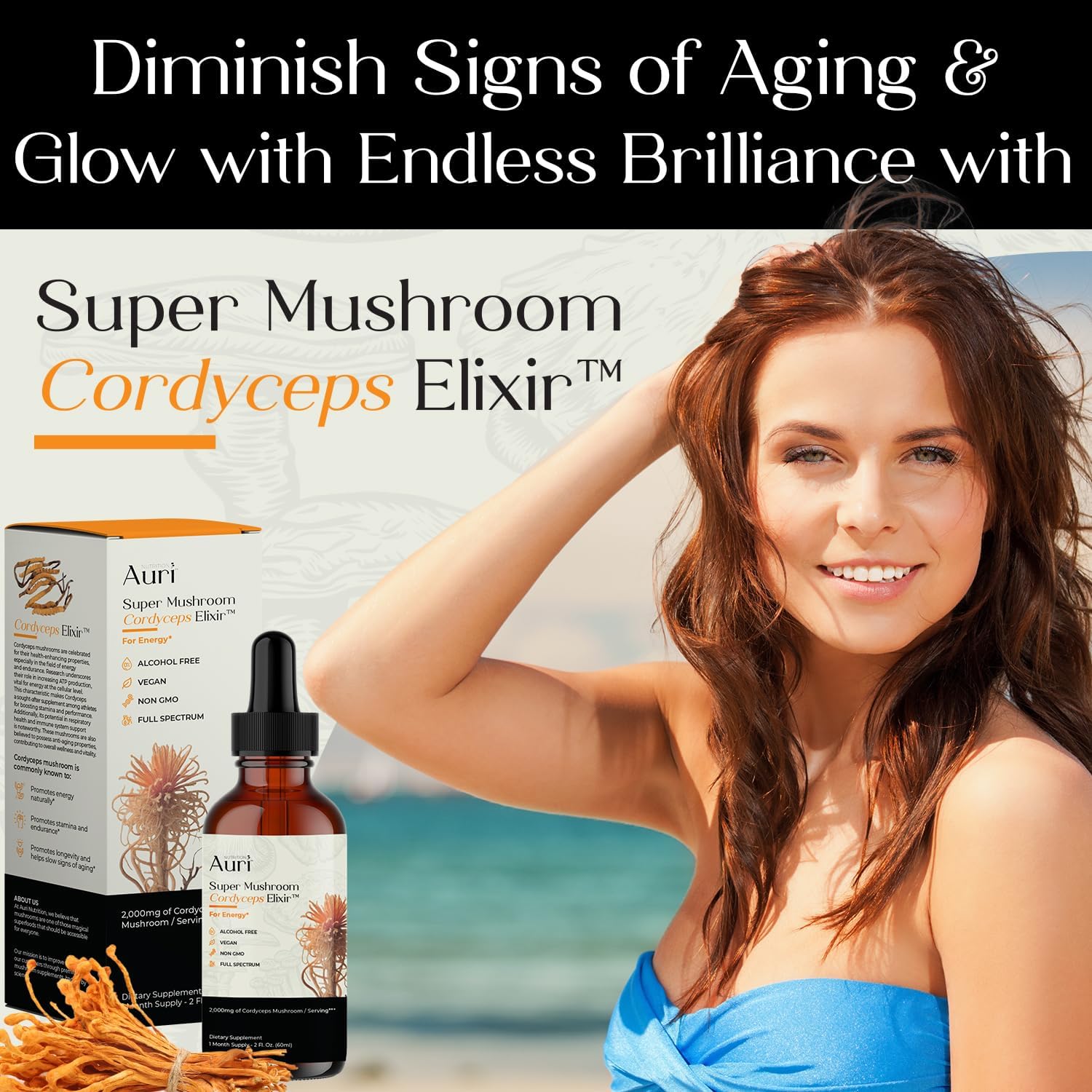 Auri  Super Mushroom Cordyceps Elixir for Stamina, Natural Energy, Youthfulness and Longevity with Full Spectrum Support - Cordyceps Tincture 60 Ml