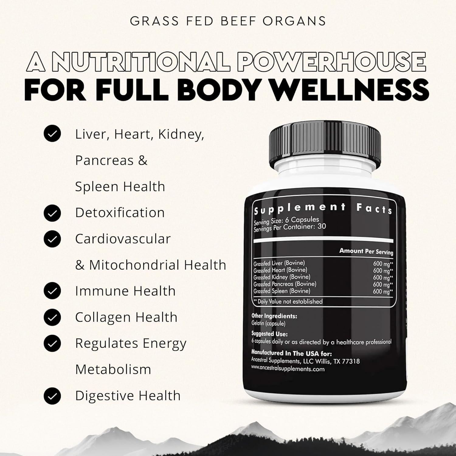 Grass Fed Beef Organ Supplement, Supports Whole Body Wellness with Proprietary Blend of Liver, Heart, Kidney, Pancreas, Spleen, Freeze-Dried Beef, Non-Gmo, 180 Capsules