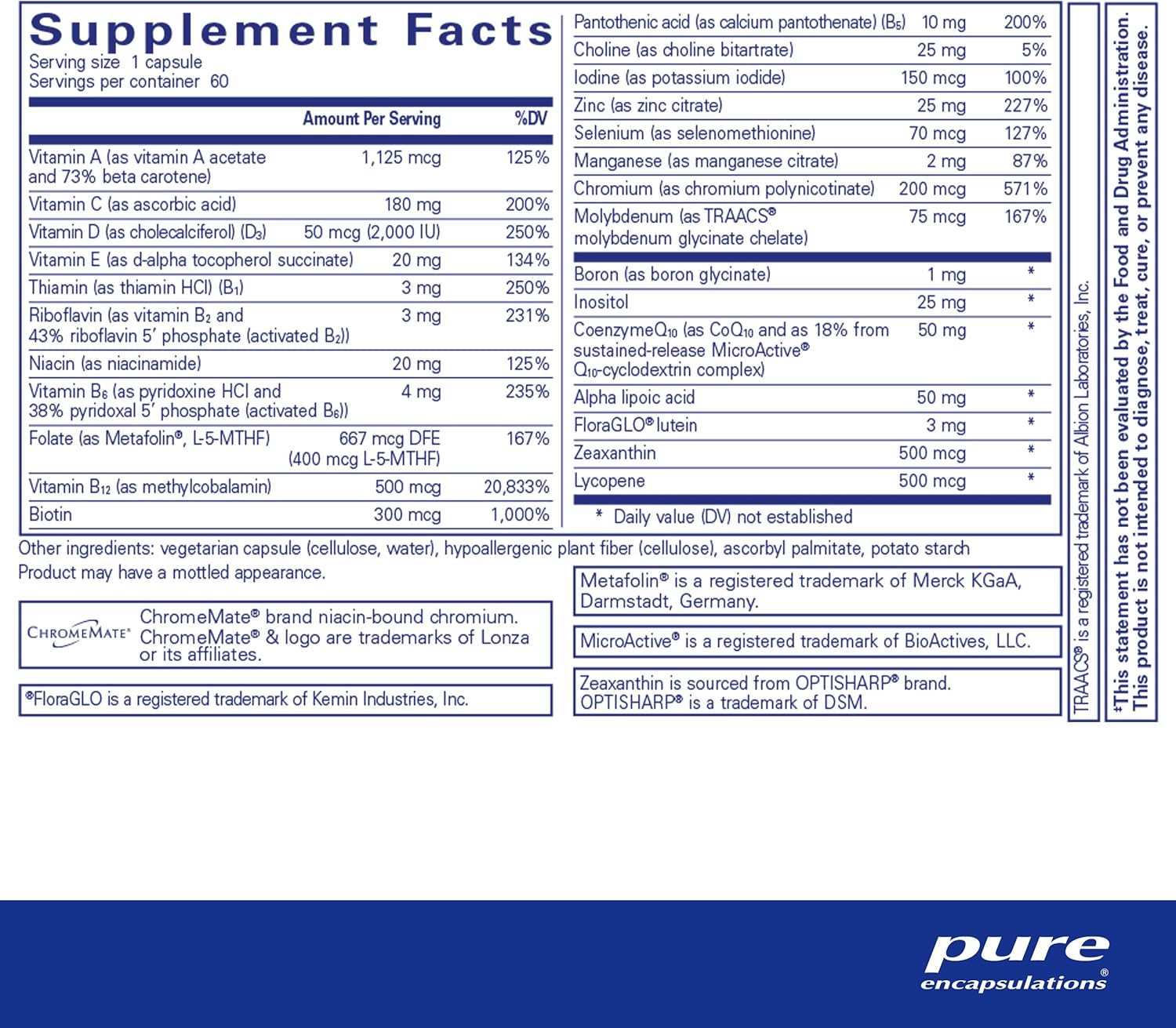 O.N.E. Multivitamin - Once Daily Multivitamin with Antioxidant Complex Metafolin, Coq10, and Lutein to Support Vision, Cognitive Function, and Cellular Health* - 60 Capsules