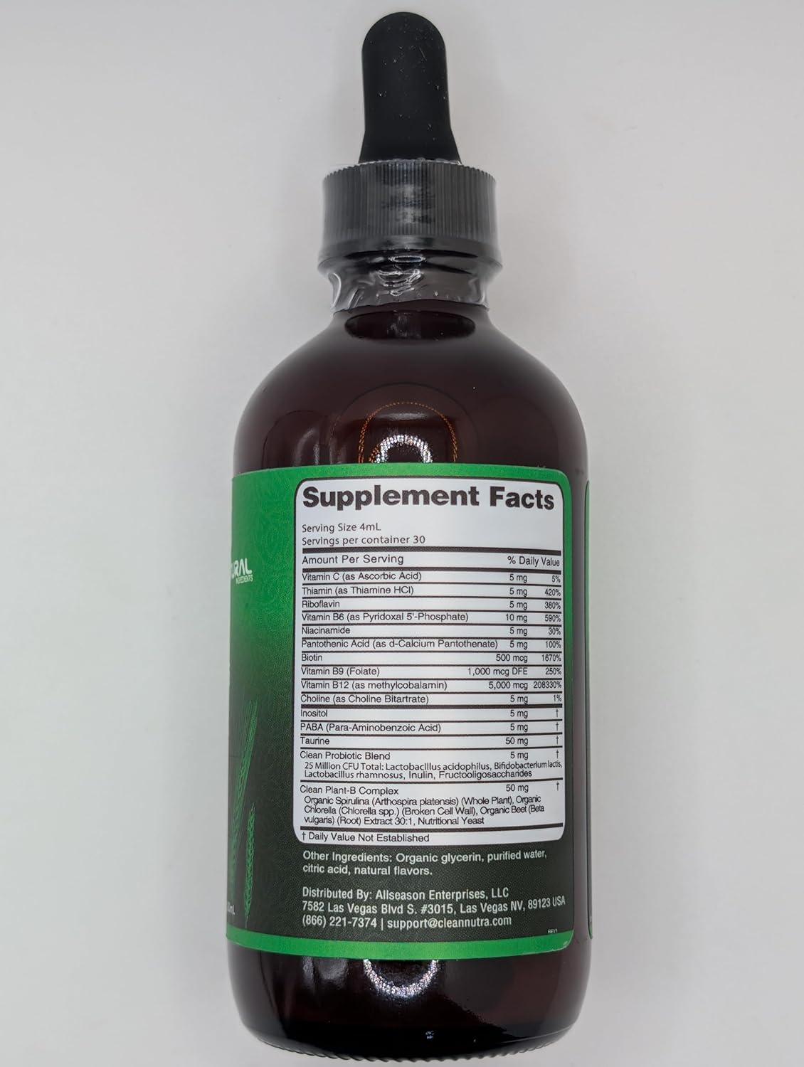 Clean Nutraceuticals  Vitamin B Complex Liquid Drops | Thiamine B1, B6, B2, B3, B4, B5, B7 B9, B12, Niacinamide, Paba, Choline Inositol Taurine Probiotics Beet Root Spirulina - Plant-B Vitamin Supplements by Clean Nutra