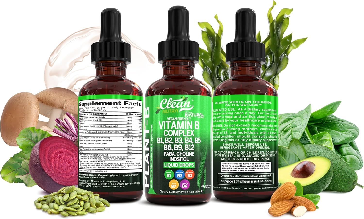 Clean Nutraceuticals  Vitamin B Complex Liquid Drops | Thiamine B1, B6, B2, B3, B4, B5, B7 B9, B12, Niacinamide, Paba, Choline Inositol Taurine Probiotics Beet Root Spirulina - Plant-B Vitamin Supplements by Clean Nutra