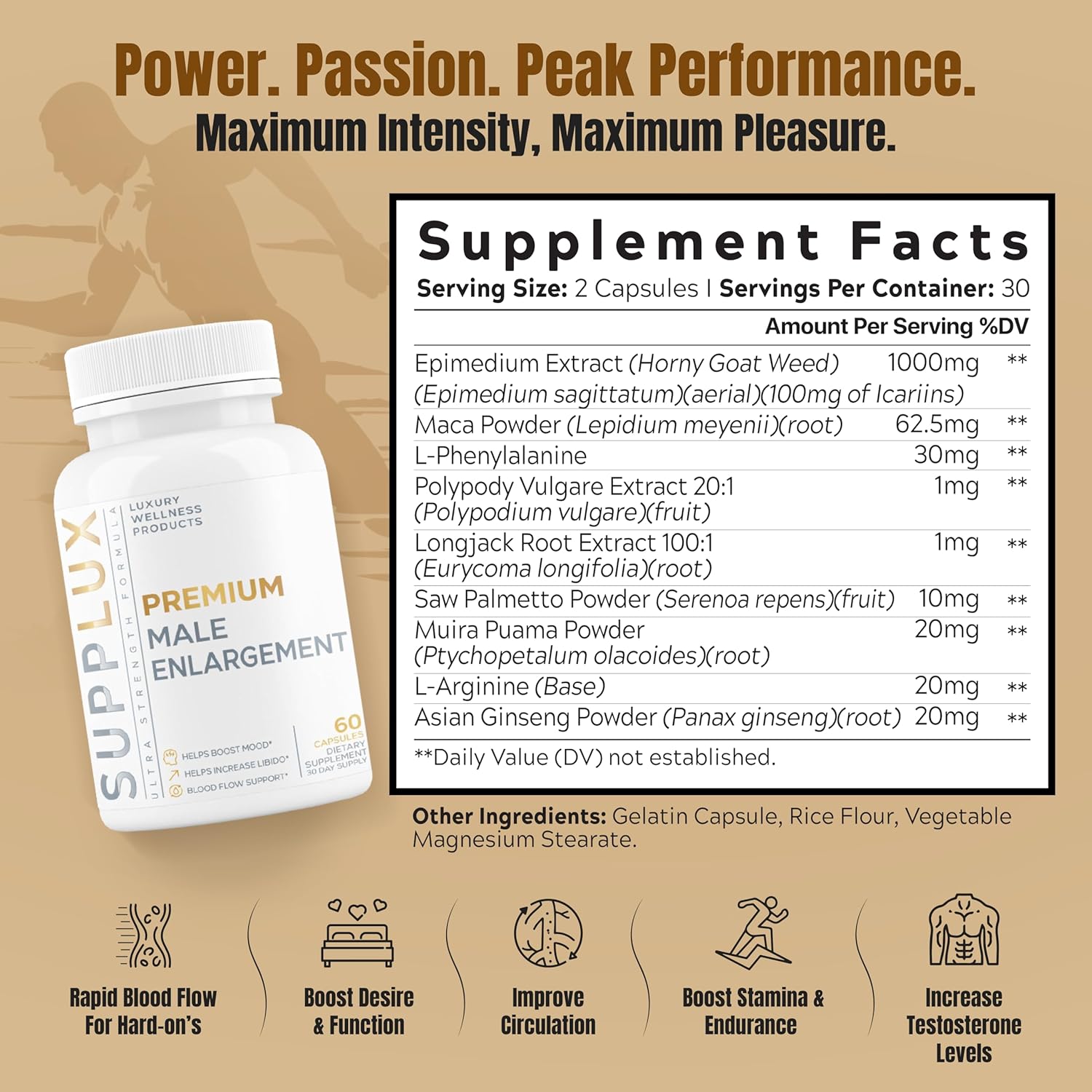 PREMIUM Male Eniargement - Powerful Erect Pills for Men W/ Fast Acting Blood Flow to Gain Length & Girth + Stamina | 9 Research Backed Ingredients for Maie Performance & Circulation - 60 Capsules