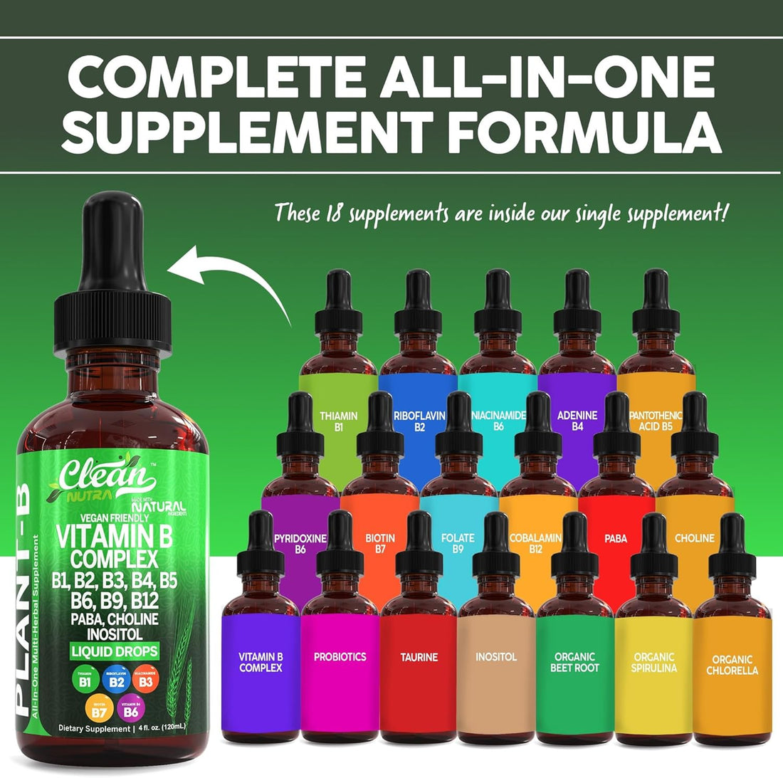 Clean Nutraceuticals  Vitamin B Complex Liquid Drops | Thiamine B1, B6, B2, B3, B4, B5, B7 B9, B12, Niacinamide, Paba, Choline Inositol Taurine Probiotics Beet Root Spirulina - Plant-B Vitamin Supplements by Clean Nutra