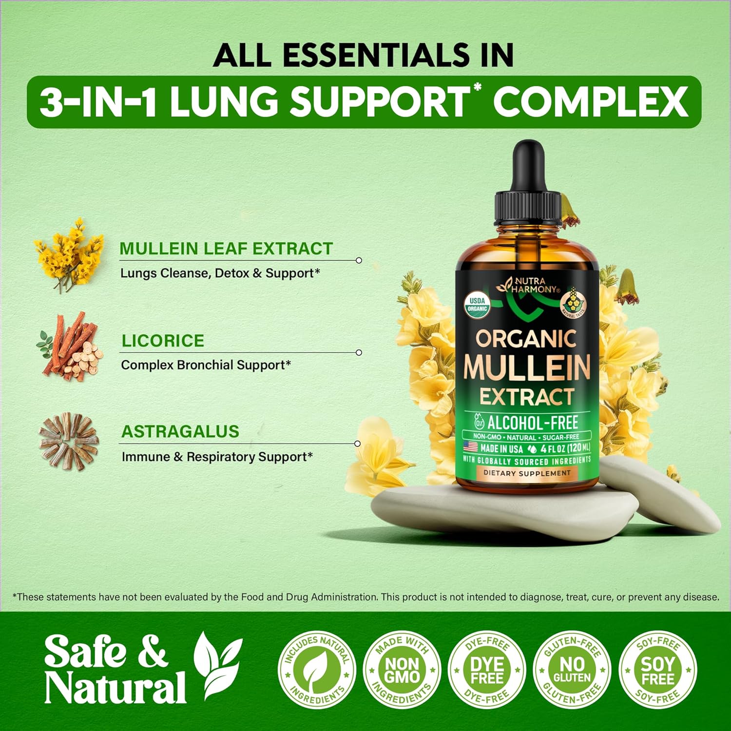 NUTRAHARMONY Mullein Drops for Lungs - USDA Organic Liquid - Mullein Leaf Extract Supplement - Made in USA - Lung & Bronchial Cleanse for Smokers - Respiratory Health Support - as Tincture, Tea, Pills - 4 Fl Oz