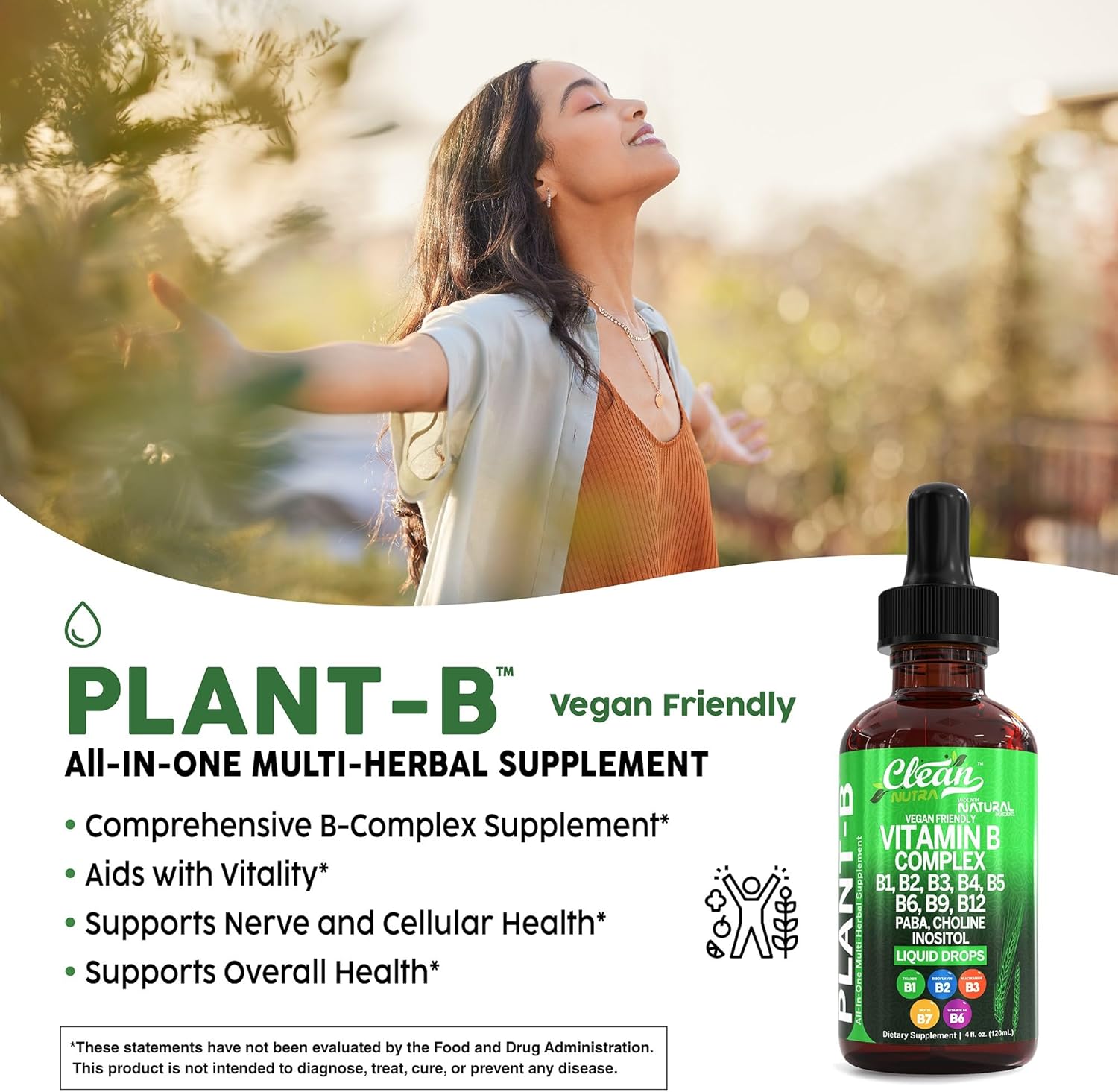 Clean Nutraceuticals  Vitamin B Complex Liquid Drops | Thiamine B1, B6, B2, B3, B4, B5, B7 B9, B12, Niacinamide, Paba, Choline Inositol Taurine Probiotics Beet Root Spirulina - Plant-B Vitamin Supplements by Clean Nutra