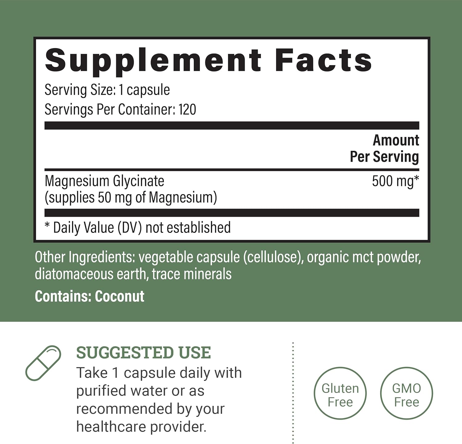 Pure Magnesium Glycinate 500Mg - Chelated Magnesium Supplement, High Absorption Capsules for Sleep, Glicinato De Magnesio with Organic MCT Powder (120 Capsules)